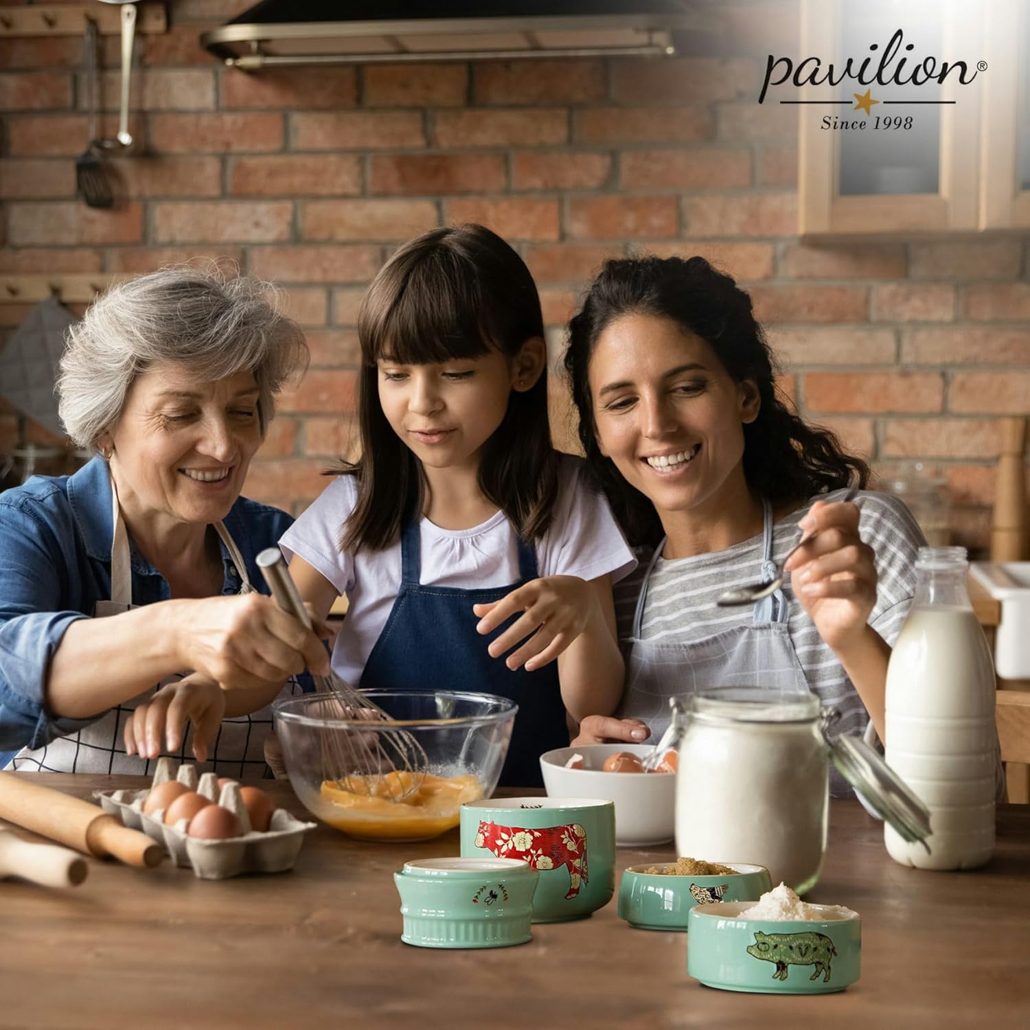 'Live Simply Bee, Chicken, Pig, and Cow' - 4-Piece Stoneware Measuring Cups Set, Sturdy Farmhouse-Style Kitchenware for Home Baking, Cooking, Gifting - Teal, 8 Ounces