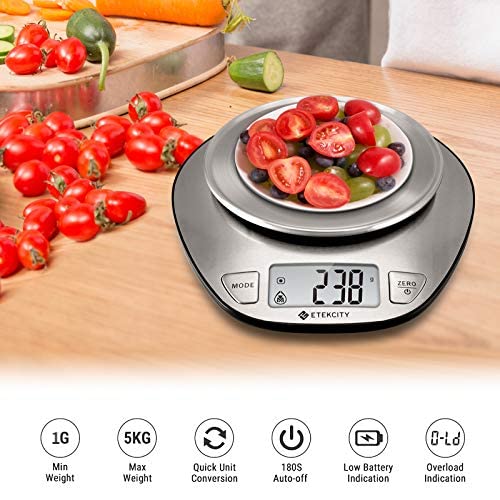 11lb/5kg Stainless Steel Digital Kitchen Food Scales, with Liquid Volume Measurement Function, Auto Zero/Tare and Large Backlight LCD Display, Silver