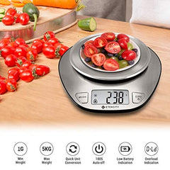 11lb/5kg Stainless Steel Digital Kitchen Food Scales, with Liquid Volume Measurement Function, Auto Zero/Tare and Large Backlight LCD Display, Silver