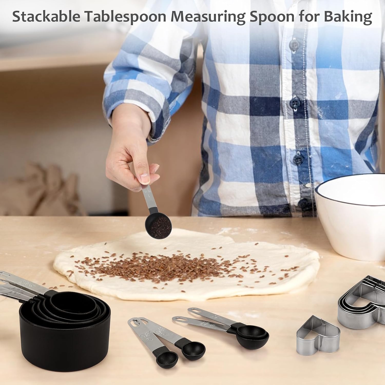 10 Piece Plastic Measuring Cups Spoons with Stainless Steel Handle | Food Grade Material, Stackable Kitchen Gadgets Measure Tools for Cooking & Baking