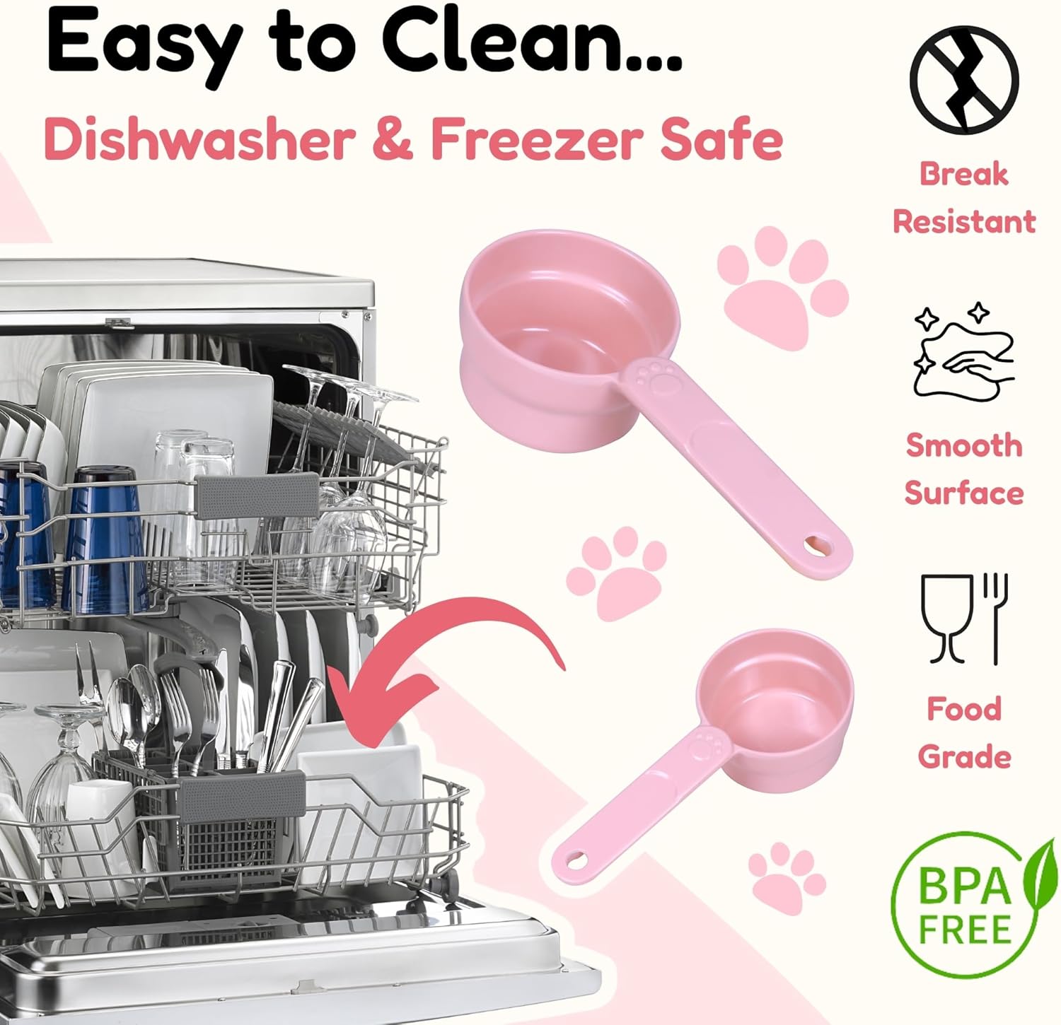 1/2 Cup Dog Food Scoop, Extra Long Handle Sturdy Melamine Pet Food Measuring Scoop with Clear Marking Lines, BPA-Free, Shatterproof, Dishwasher Safe (Pink, 1/2 Cup)
