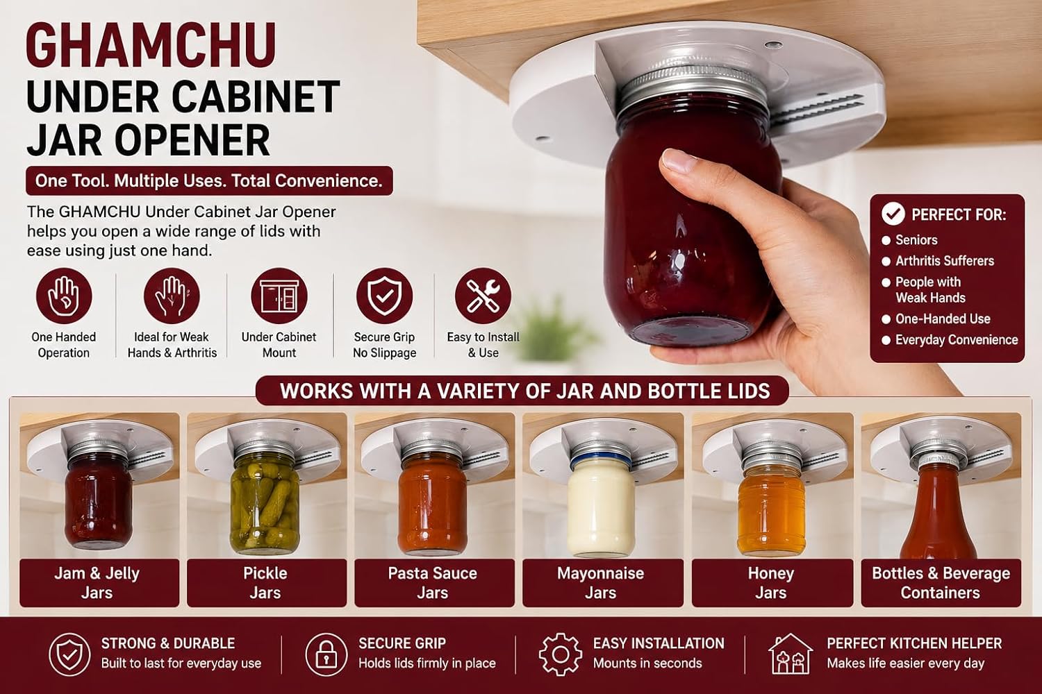 1 Pack Easy Grip Jar Opener for Seniors - Under Cabinet Jar Openers for Weak Hands, Arthritis jar opener, One Handed Gadgets & Bottle Opener - Kitchen Gadgets for Home Assistance