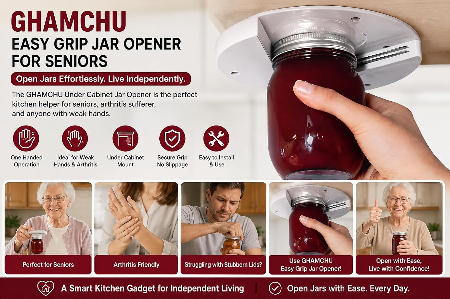 1 Pack Easy Grip Jar Opener for Seniors - Under Cabinet Jar Openers for Weak Hands, Arthritis jar opener, One Handed Gadgets & Bottle Opener - Kitchen Gadgets for Home Assistance