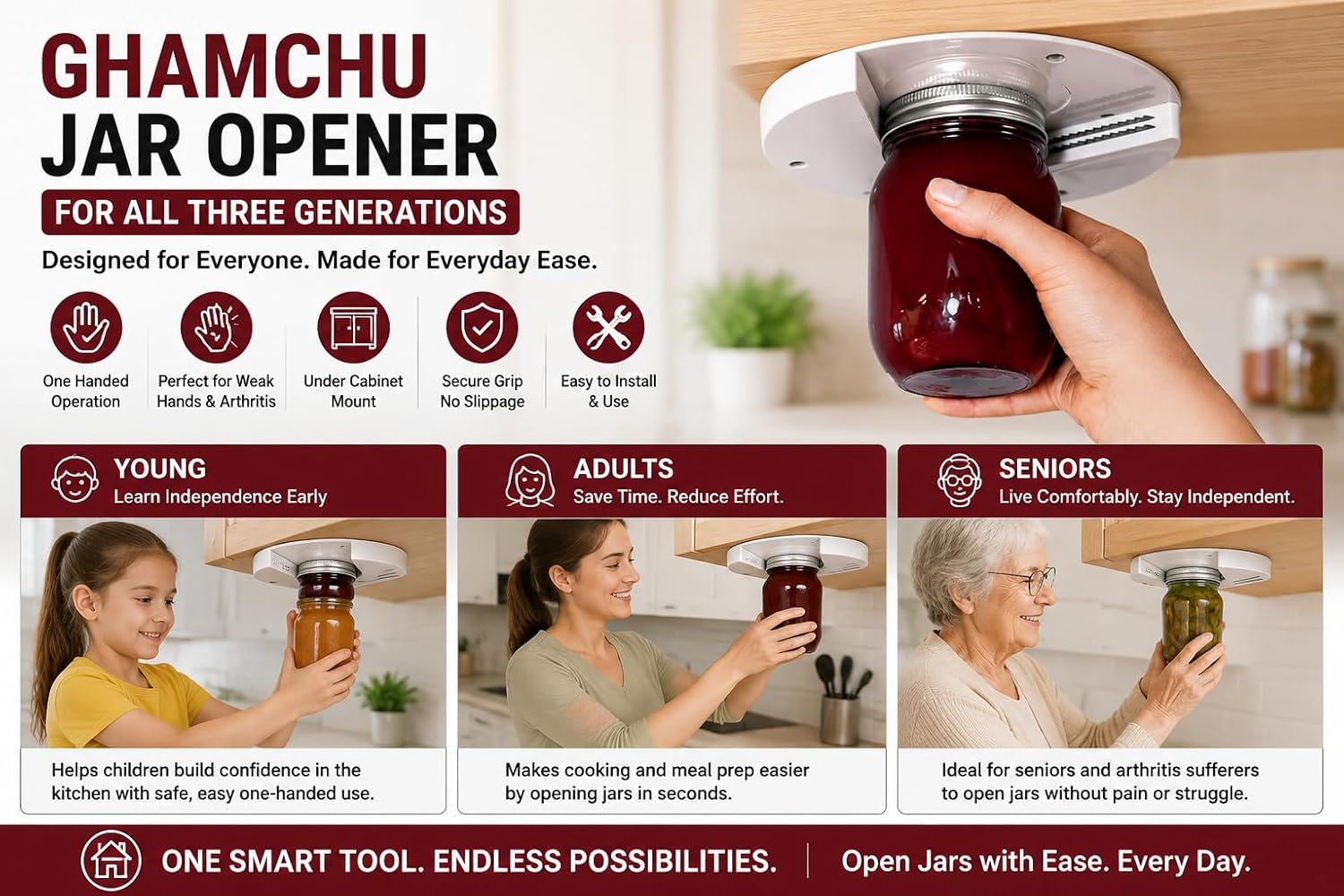 1 Pack Easy Grip Jar Opener for Seniors - Under Cabinet Jar Openers for Weak Hands, Arthritis jar opener, One Handed Gadgets & Bottle Opener - Kitchen Gadgets for Home Assistance