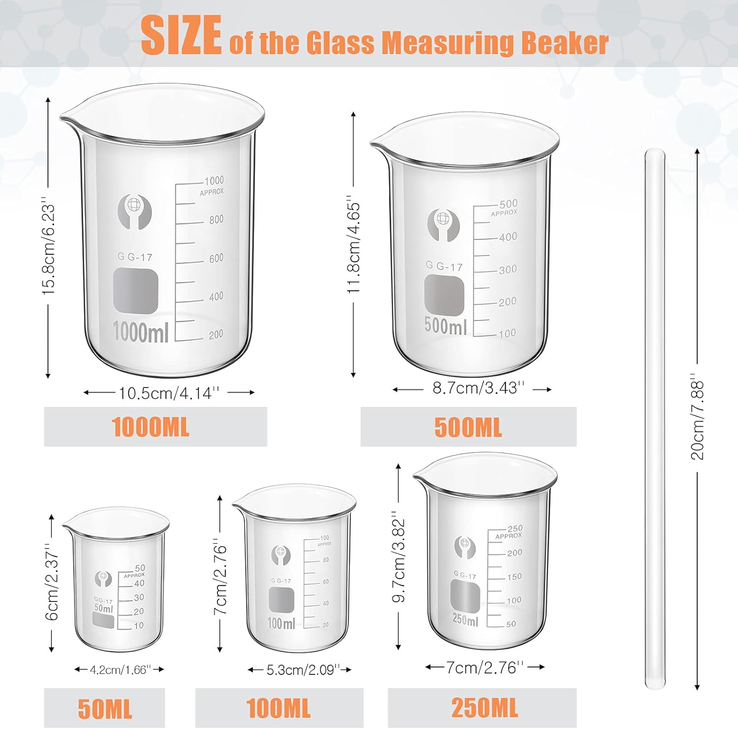10 Pieces Glass Measuring Beaker and Graduated Measuring Cylinder with Stirring Rod 50/100/ 250/500/ 1000 ml Thick Glass Beakers and 5/10/ 50/100 ml Graduated Cylinders for Science Lab