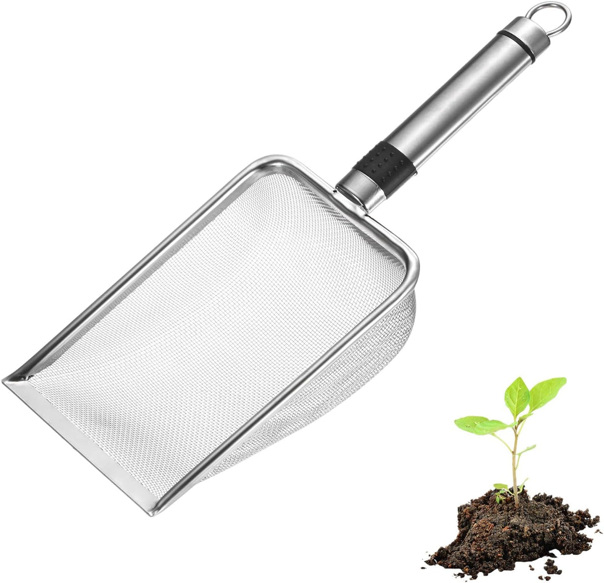 1-Pack Gardening Soil Sifter, 1 mm Mesh Stainless Steel Sand Soil Compost Sieve with Stainless Steel Handle for Sand/Dirt/Rock Compost Silver Tone
