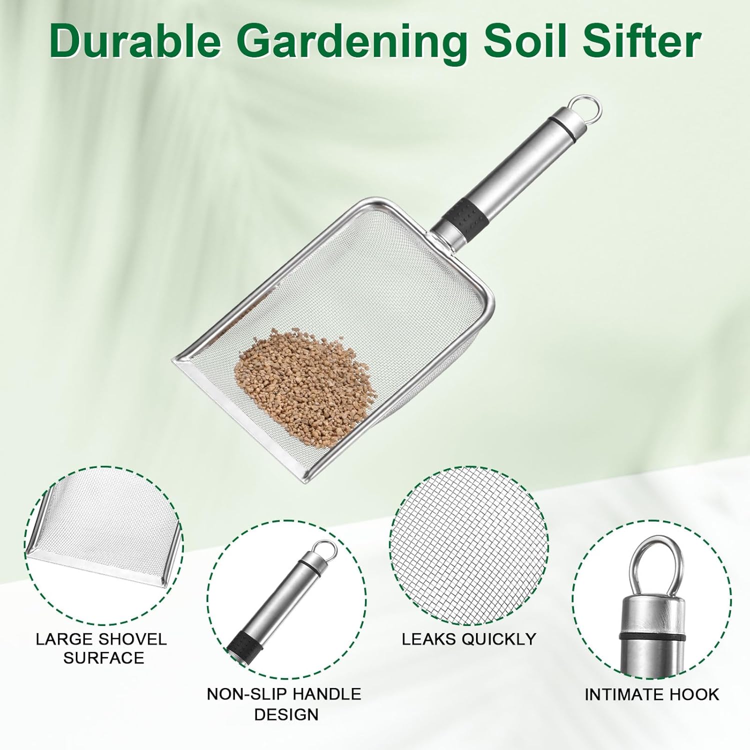 1-Pack Gardening Soil Sifter, 1 mm Mesh Stainless Steel Sand Soil Compost Sieve with Stainless Steel Handle for Sand/Dirt/Rock Compost Silver Tone