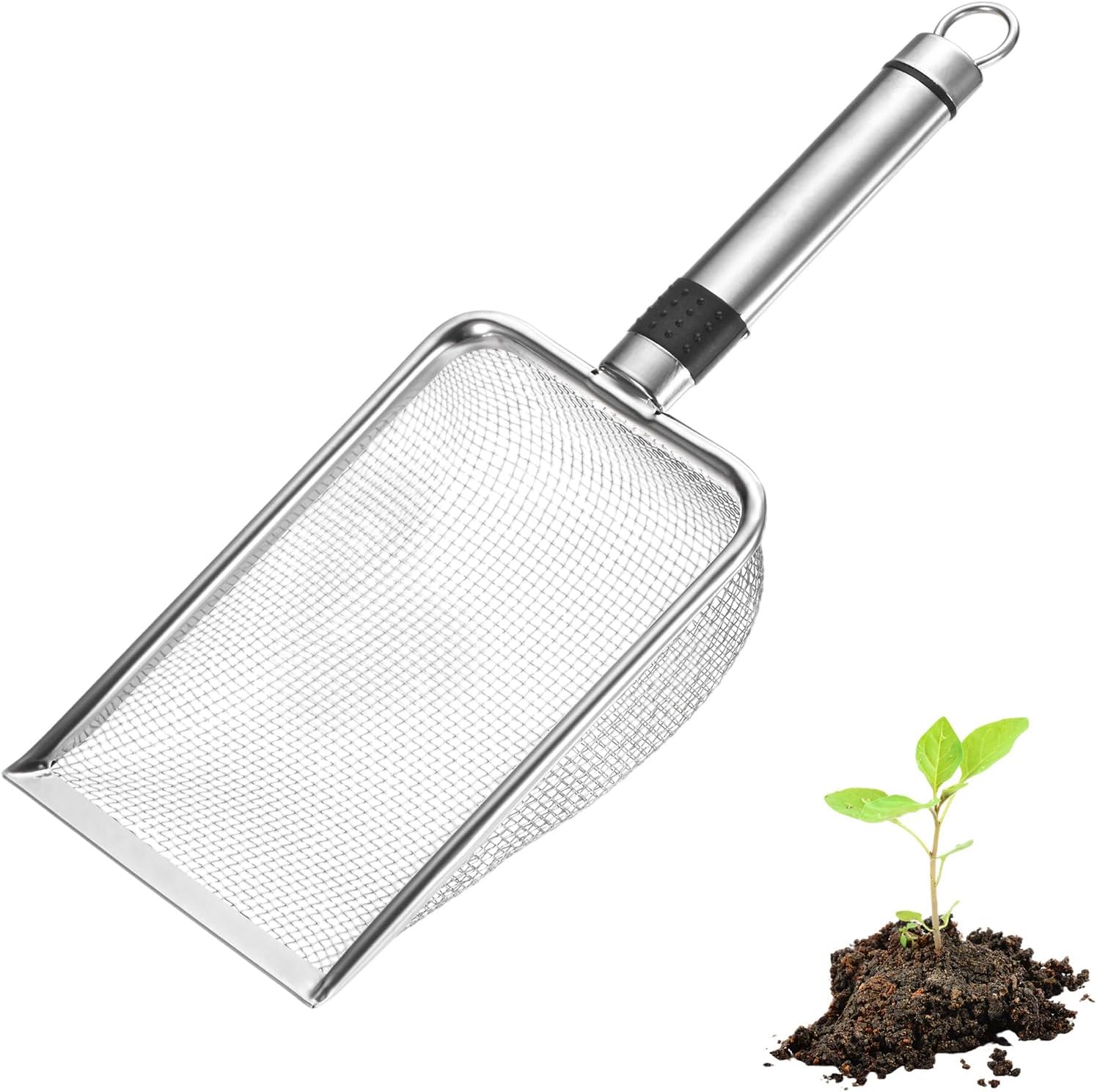 1-Pack Gardening Soil Sifter, 1 mm Mesh Stainless Steel Sand Soil Compost Sieve with Stainless Steel Handle for Sand/Dirt/Rock Compost Silver Tone