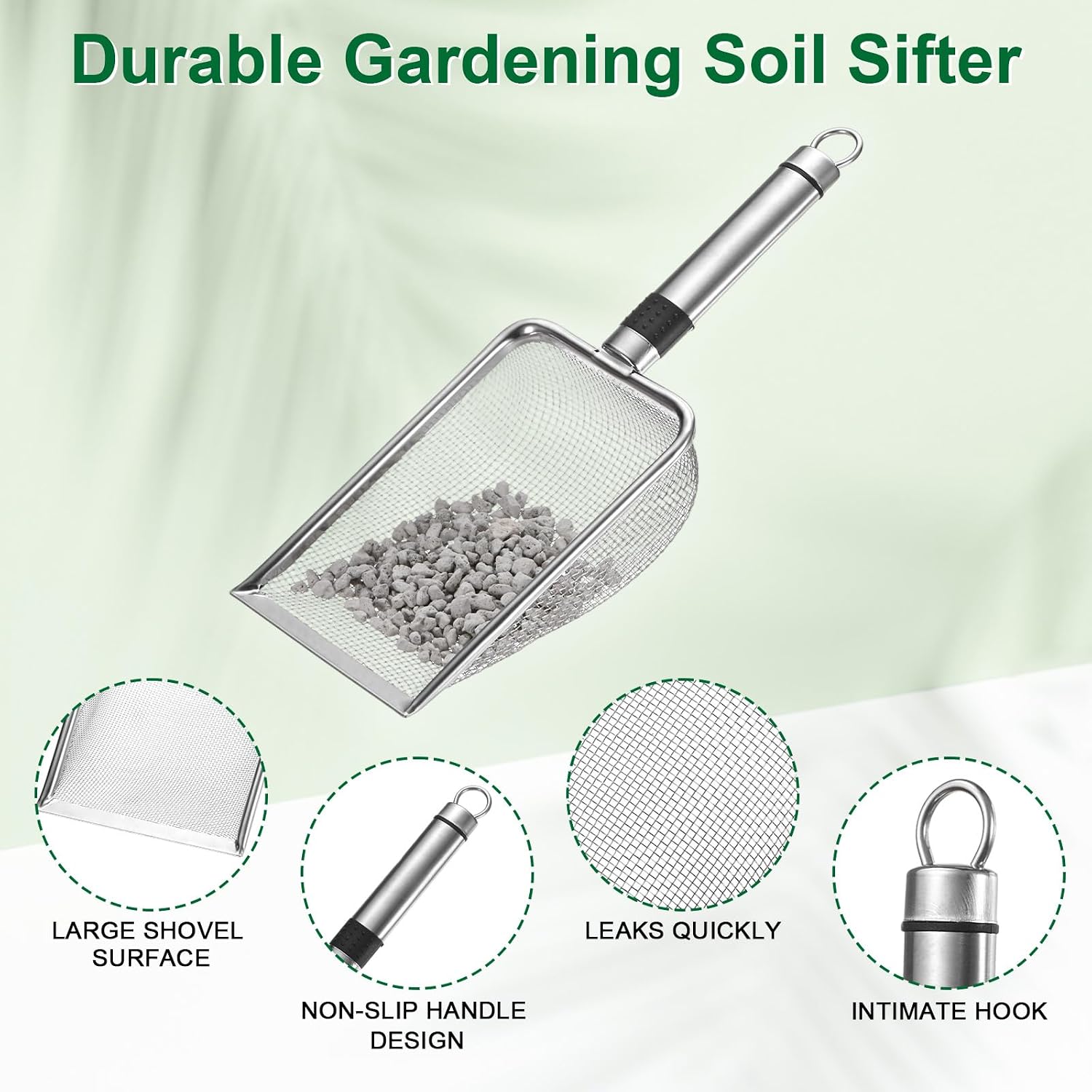 1-Pack Gardening Soil Sifter, 1 mm Mesh Stainless Steel Sand Soil Compost Sieve with Stainless Steel Handle for Sand/Dirt/Rock Compost Silver Tone