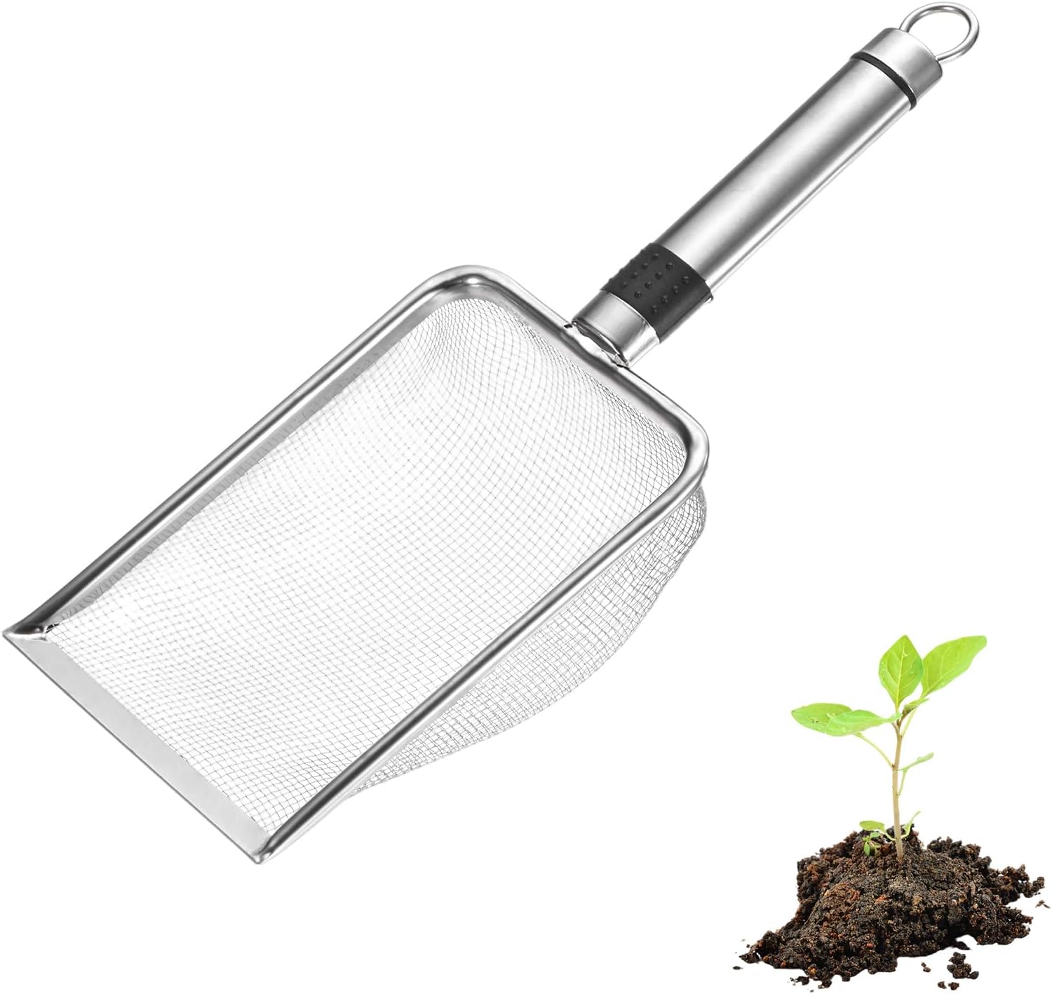 1-Pack Gardening Soil Sifter, 1 mm Mesh Stainless Steel Sand Soil Compost Sieve with Stainless Steel Handle for Sand/Dirt/Rock Compost Silver Tone