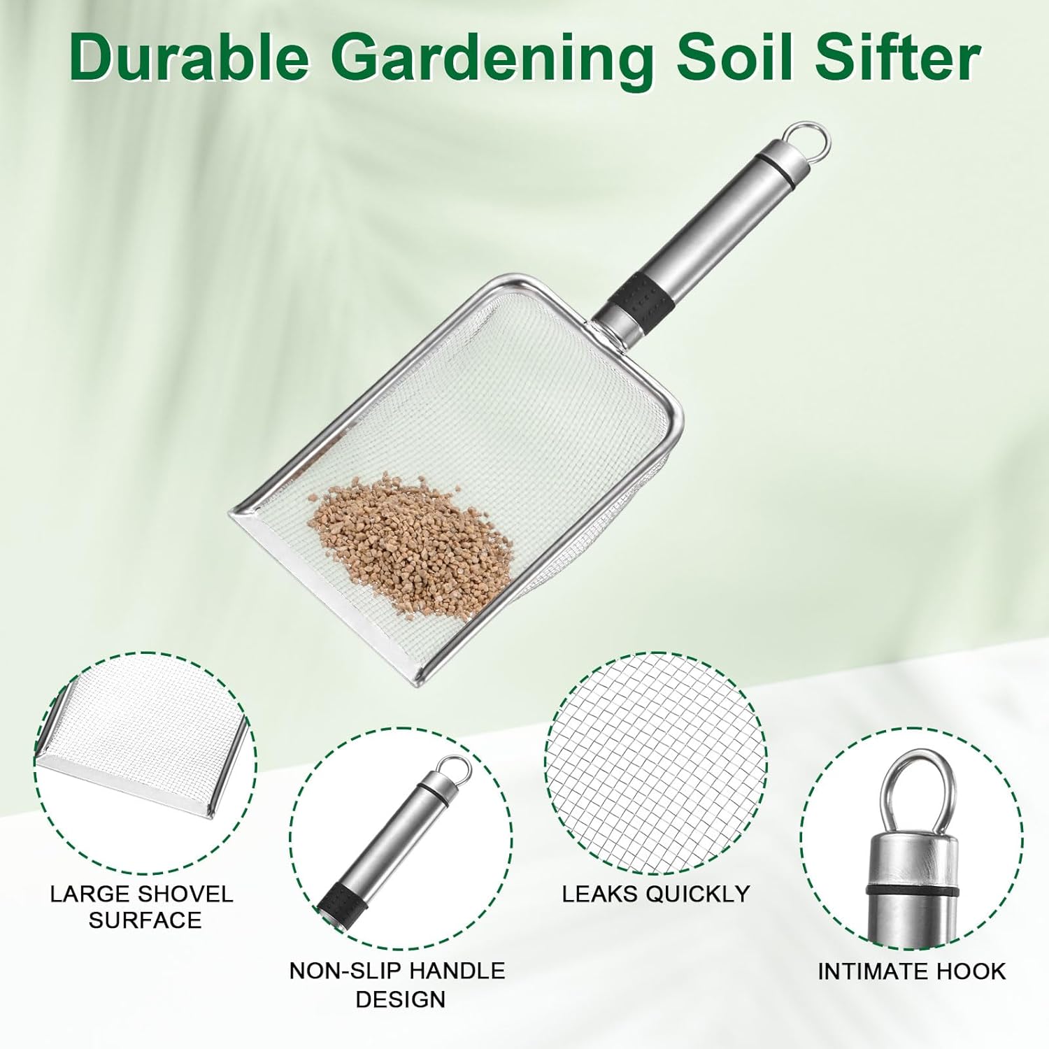 1-Pack Gardening Soil Sifter, 1 mm Mesh Stainless Steel Sand Soil Compost Sieve with Stainless Steel Handle for Sand/Dirt/Rock Compost Silver Tone
