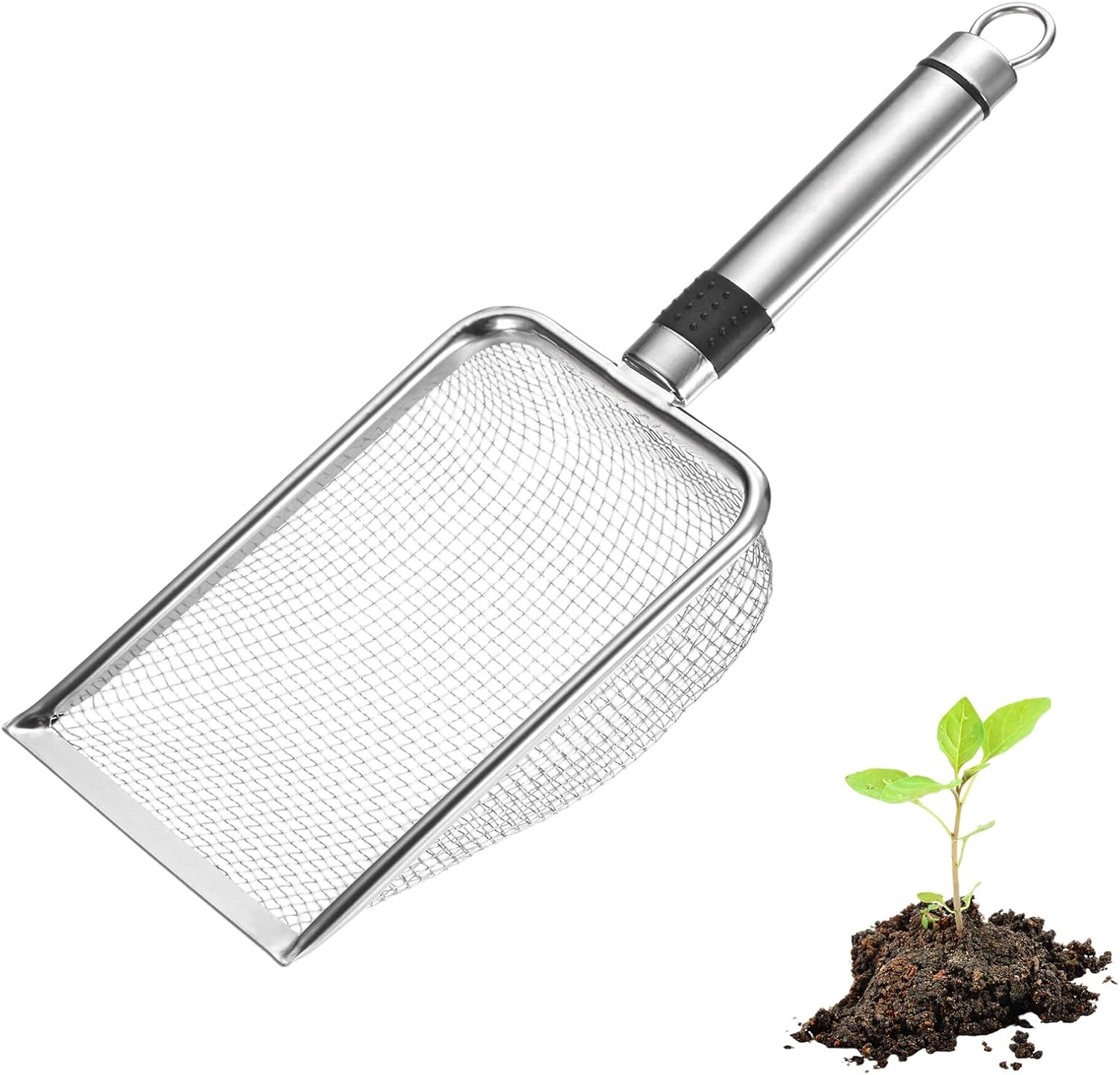1-Pack Gardening Soil Sifter, 1 mm Mesh Stainless Steel Sand Soil Compost Sieve with Stainless Steel Handle for Sand/Dirt/Rock Compost Silver Tone