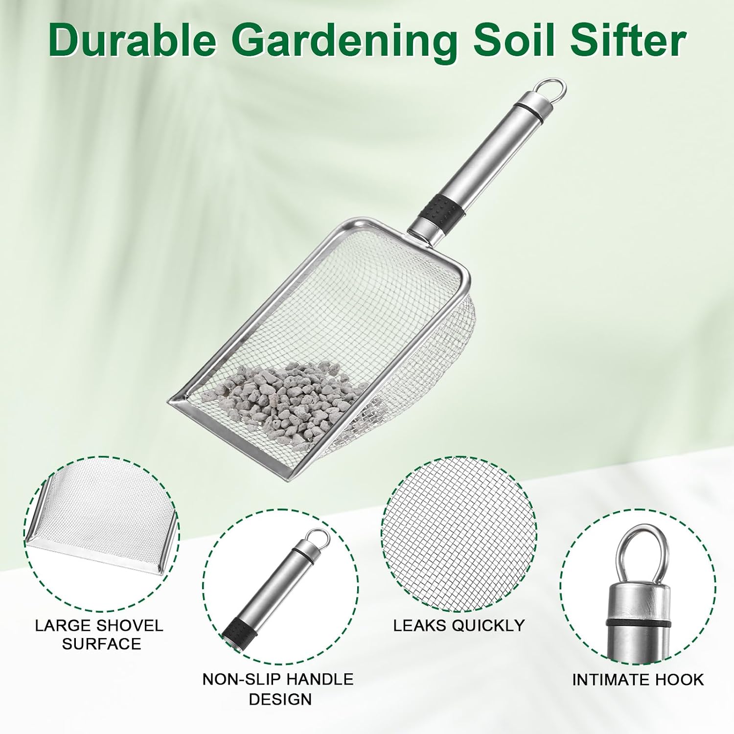 1-Pack Gardening Soil Sifter, 1 mm Mesh Stainless Steel Sand Soil Compost Sieve with Stainless Steel Handle for Sand/Dirt/Rock Compost Silver Tone