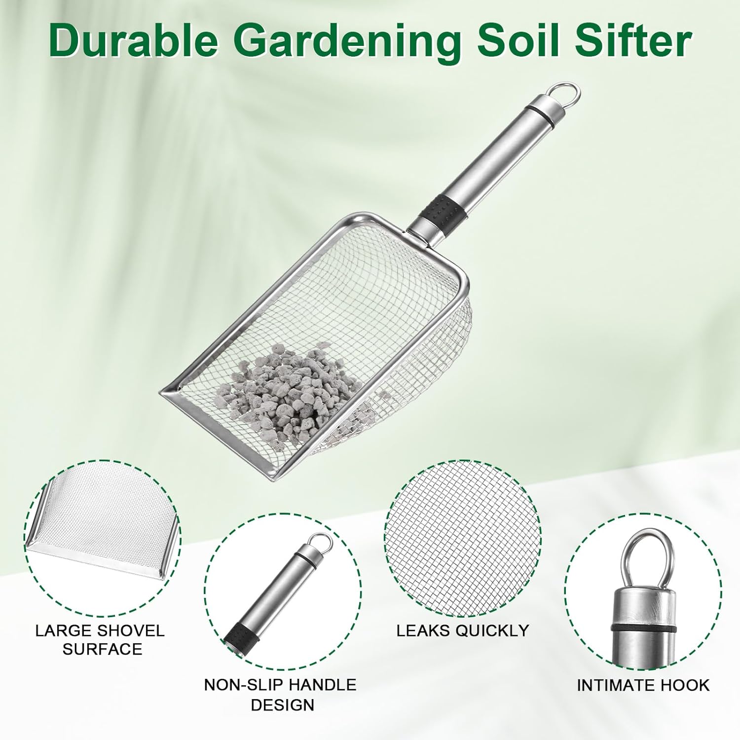 1-Pack Gardening Soil Sifter, 1 mm Mesh Stainless Steel Sand Soil Compost Sieve with Stainless Steel Handle for Sand/Dirt/Rock Compost Silver Tone