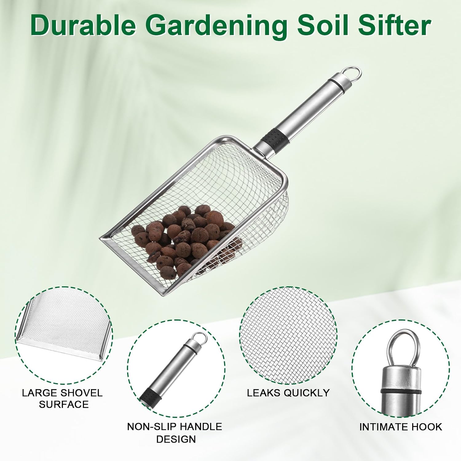 1-Pack Gardening Soil Sifter, 1 mm Mesh Stainless Steel Sand Soil Compost Sieve with Stainless Steel Handle for Sand/Dirt/Rock Compost Silver Tone