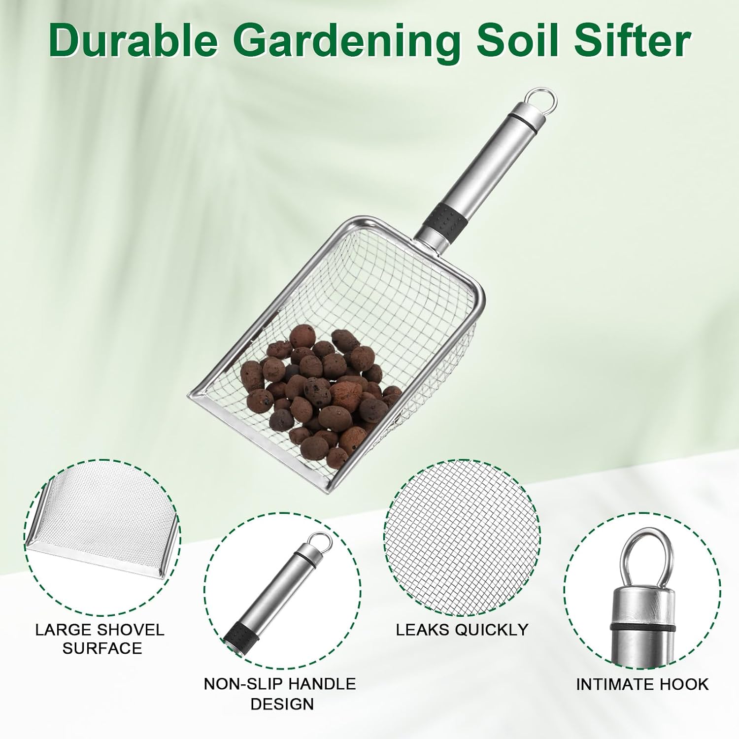 1-Pack Gardening Soil Sifter, 1 mm Mesh Stainless Steel Sand Soil Compost Sieve with Stainless Steel Handle for Sand/Dirt/Rock Compost Silver Tone