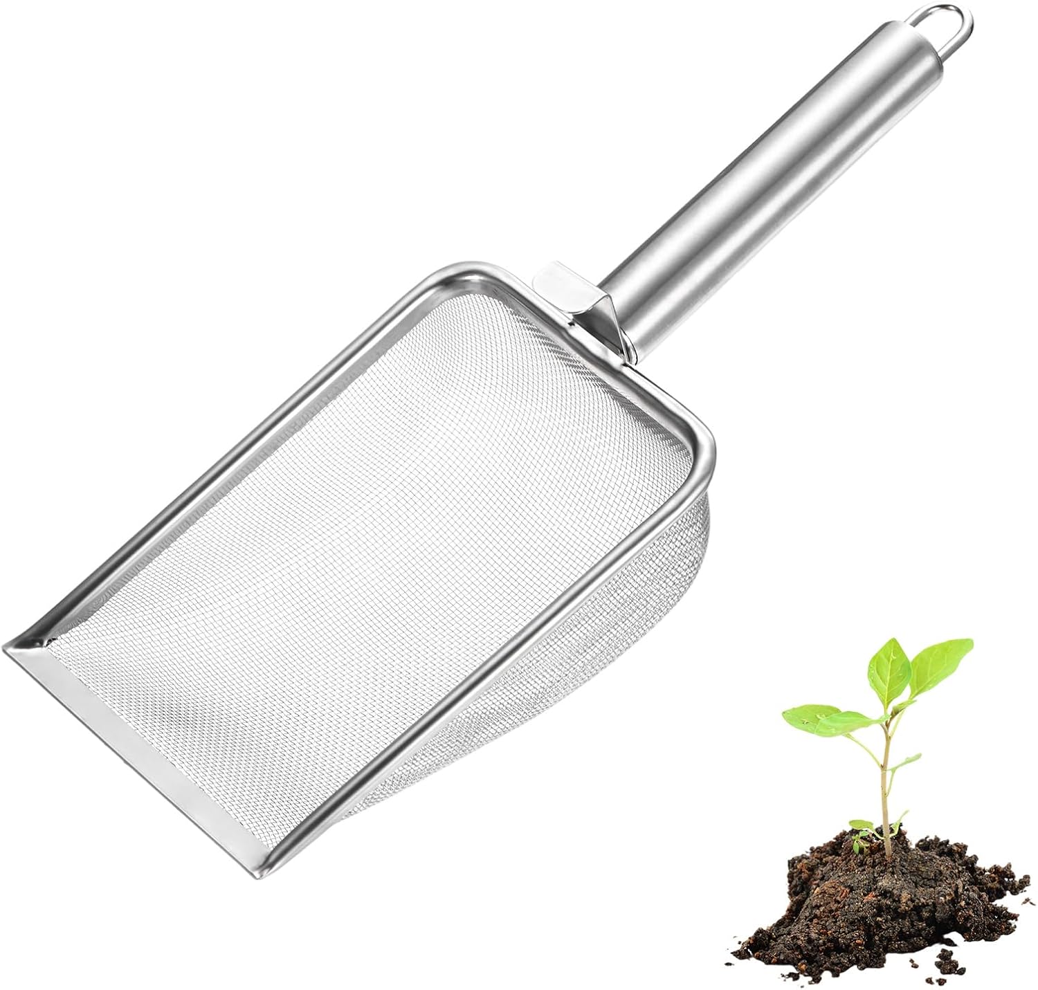 1-Pack Gardening Soil Sifter, 1 mm Mesh Stainless Steel Sand Soil Compost Sieve with Stainless Steel Handle for Sand/Dirt/Rock Compost Silver Tone