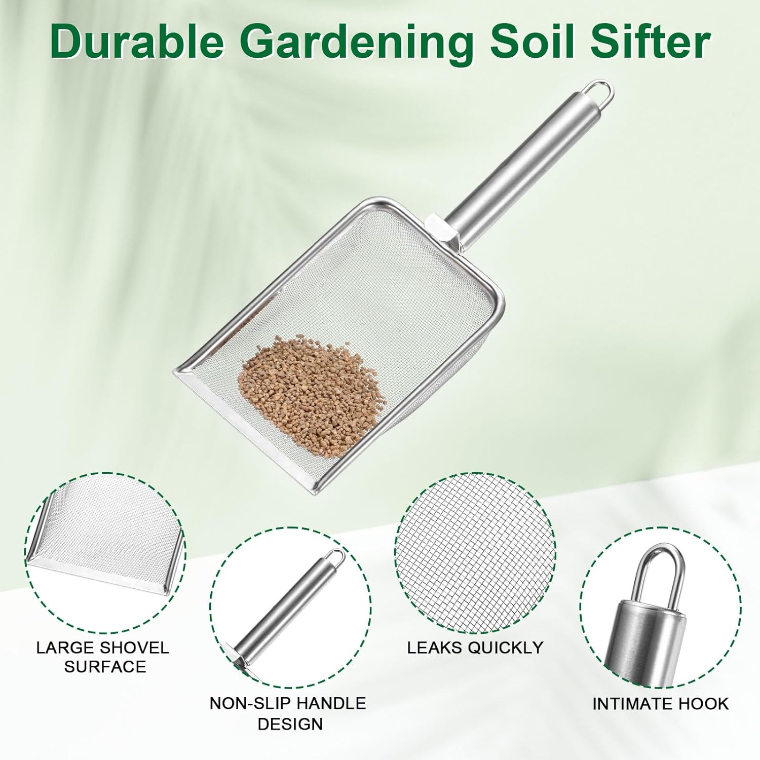 1-Pack Gardening Soil Sifter, 1 mm Mesh Stainless Steel Sand Soil Compost Sieve with Stainless Steel Handle for Sand/Dirt/Rock Compost Silver Tone
