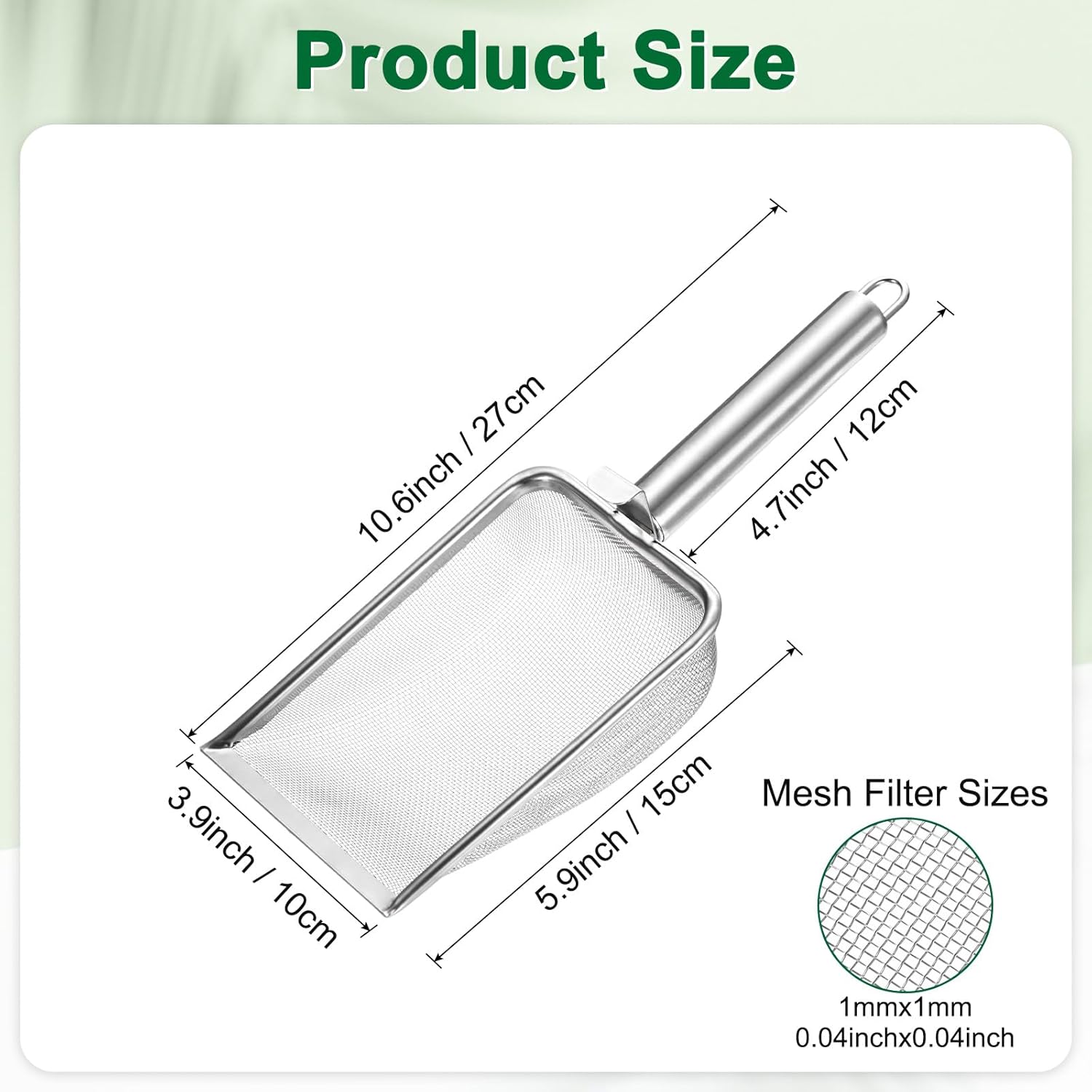 1-Pack Gardening Soil Sifter, 1 mm Mesh Stainless Steel Sand Soil Compost Sieve with Stainless Steel Handle for Sand/Dirt/Rock Compost Silver Tone