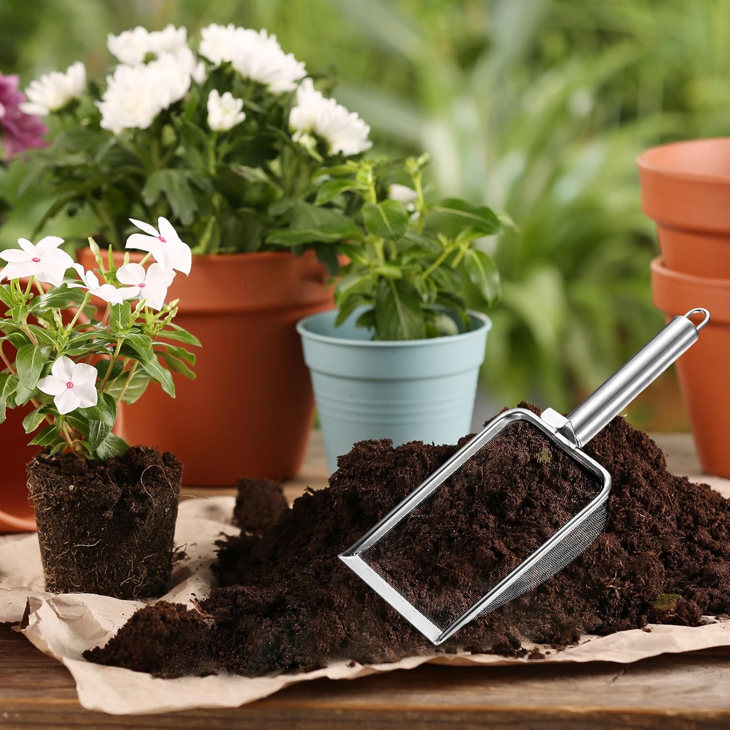 1-Pack Gardening Soil Sifter, 1 mm Mesh Stainless Steel Sand Soil Compost Sieve with Stainless Steel Handle for Sand/Dirt/Rock Compost Silver Tone