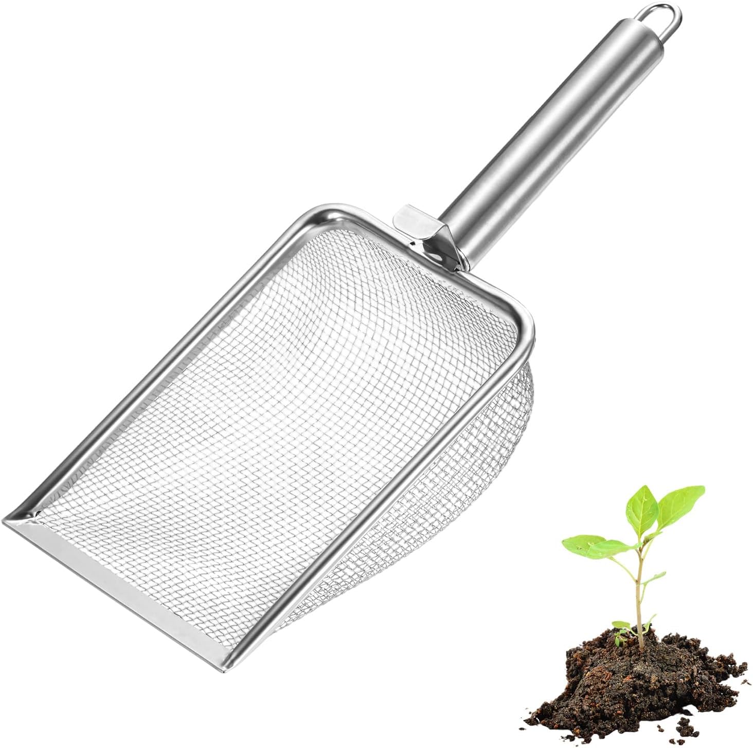 1-Pack Gardening Soil Sifter, 1 mm Mesh Stainless Steel Sand Soil Compost Sieve with Stainless Steel Handle for Sand/Dirt/Rock Compost Silver Tone