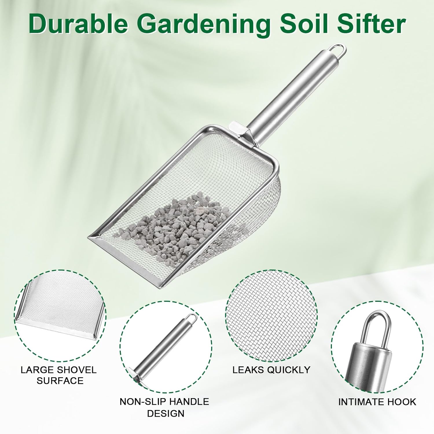 1-Pack Gardening Soil Sifter, 1 mm Mesh Stainless Steel Sand Soil Compost Sieve with Stainless Steel Handle for Sand/Dirt/Rock Compost Silver Tone