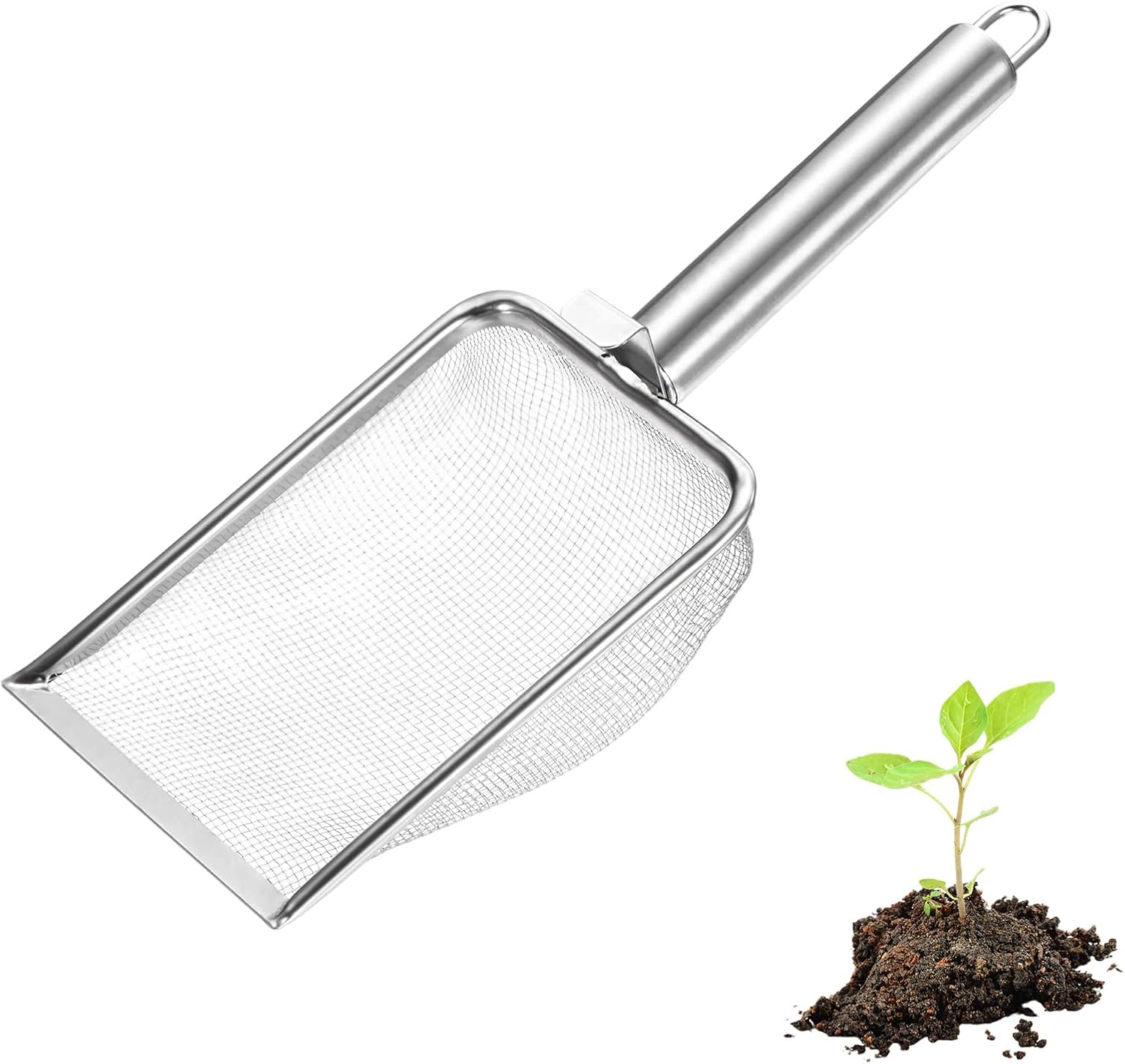 1-Pack Gardening Soil Sifter, 1 mm Mesh Stainless Steel Sand Soil Compost Sieve with Stainless Steel Handle for Sand/Dirt/Rock Compost Silver Tone