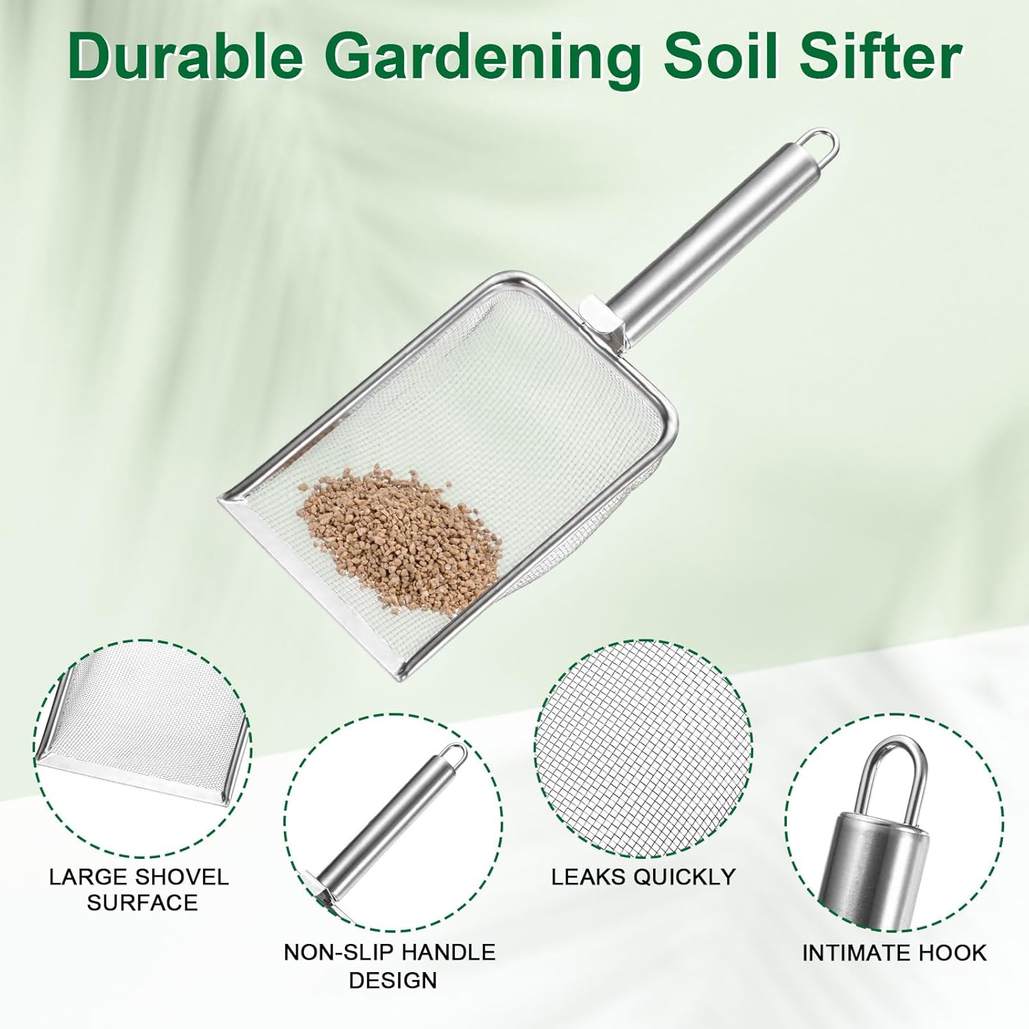 1-Pack Gardening Soil Sifter, 1 mm Mesh Stainless Steel Sand Soil Compost Sieve with Stainless Steel Handle for Sand/Dirt/Rock Compost Silver Tone