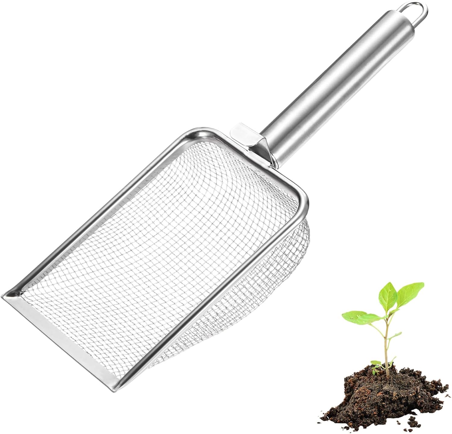 1-Pack Gardening Soil Sifter, 1 mm Mesh Stainless Steel Sand Soil Compost Sieve with Stainless Steel Handle for Sand/Dirt/Rock Compost Silver Tone