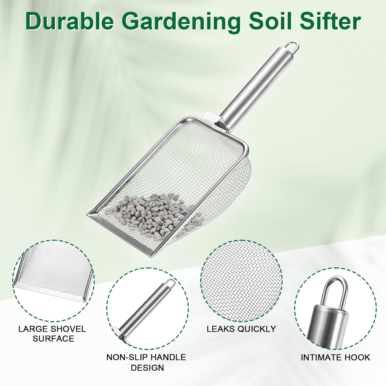 1-Pack Gardening Soil Sifter, 1 mm Mesh Stainless Steel Sand Soil Compost Sieve with Stainless Steel Handle for Sand/Dirt/Rock Compost Silver Tone