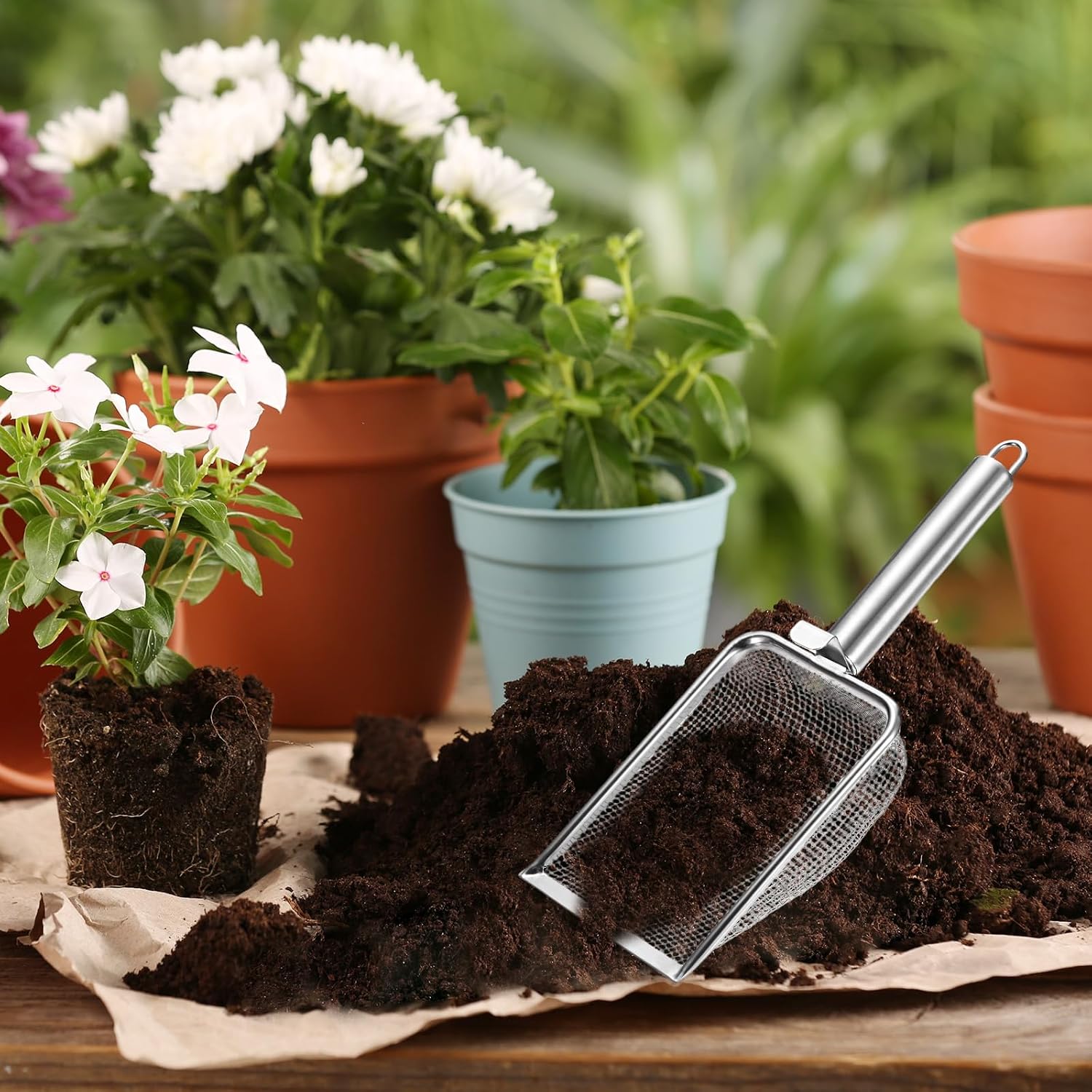 1-Pack Gardening Soil Sifter, 1 mm Mesh Stainless Steel Sand Soil Compost Sieve with Stainless Steel Handle for Sand/Dirt/Rock Compost Silver Tone