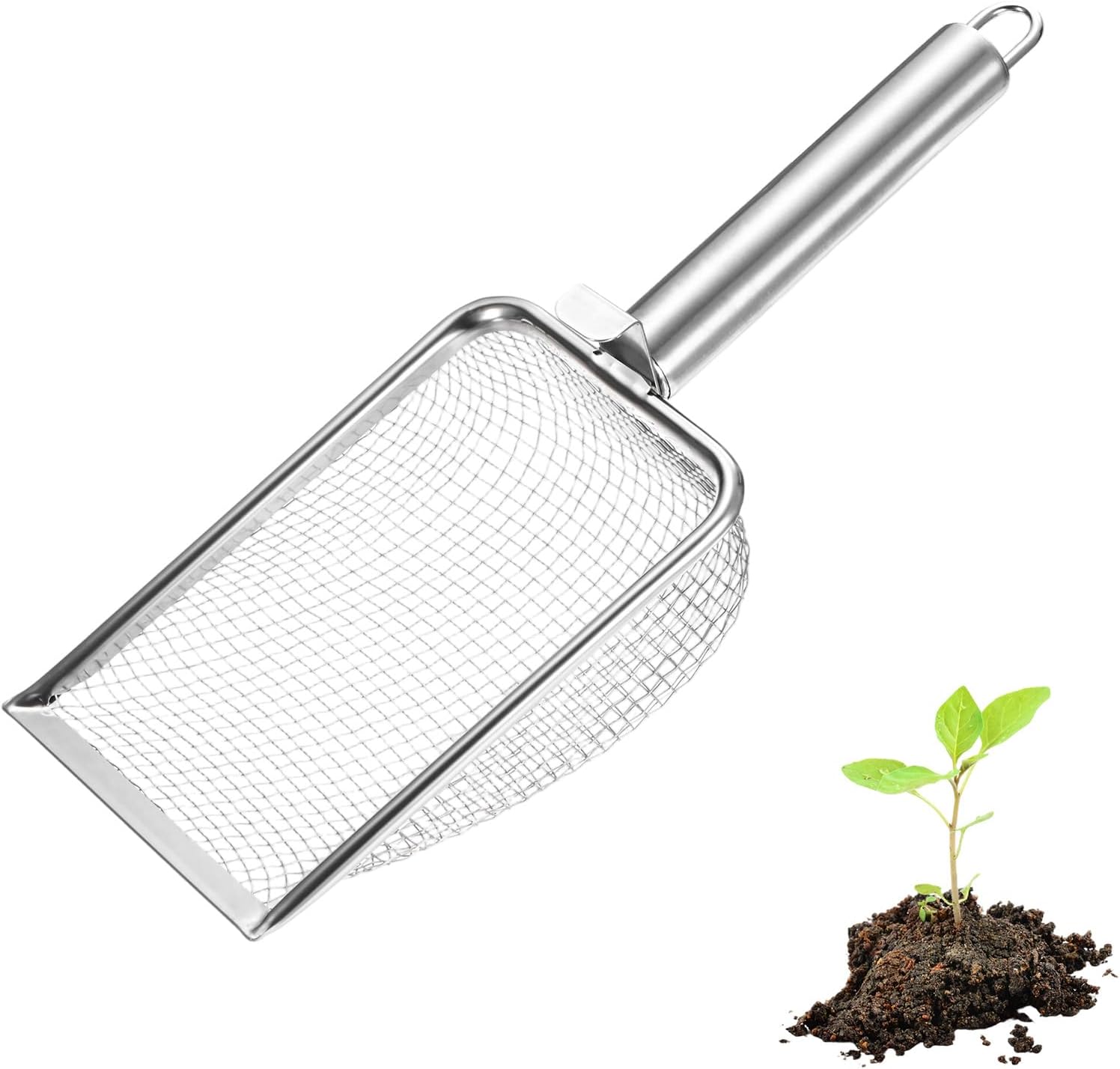 1-Pack Gardening Soil Sifter, 1 mm Mesh Stainless Steel Sand Soil Compost Sieve with Stainless Steel Handle for Sand/Dirt/Rock Compost Silver Tone