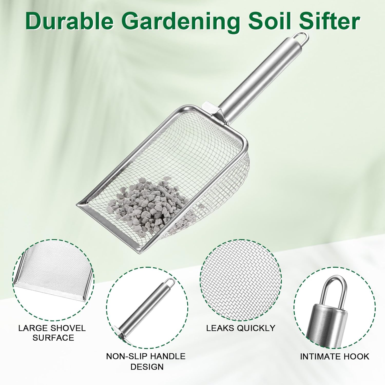 1-Pack Gardening Soil Sifter, 1 mm Mesh Stainless Steel Sand Soil Compost Sieve with Stainless Steel Handle for Sand/Dirt/Rock Compost Silver Tone