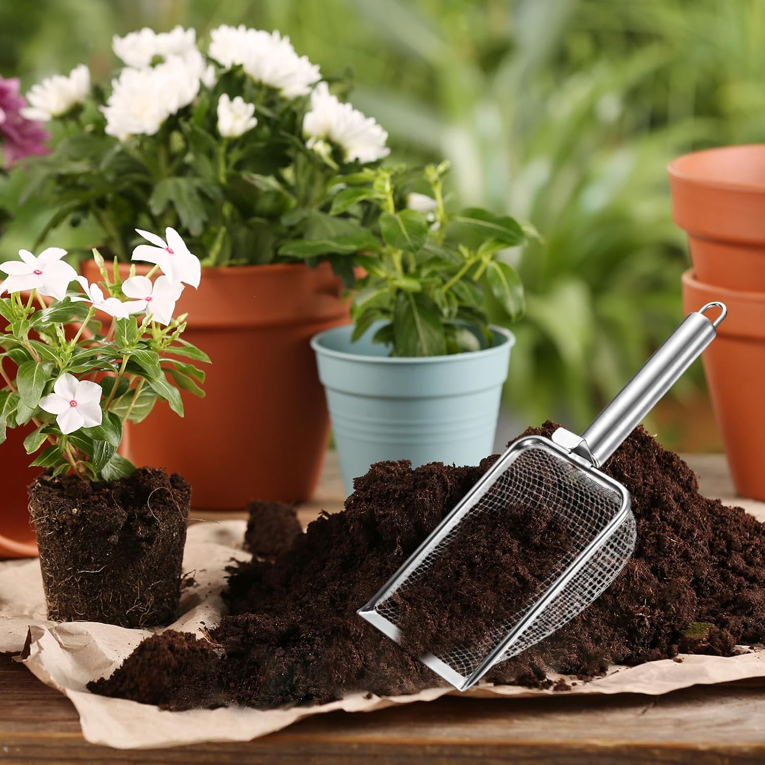 1-Pack Gardening Soil Sifter, 1 mm Mesh Stainless Steel Sand Soil Compost Sieve with Stainless Steel Handle for Sand/Dirt/Rock Compost Silver Tone