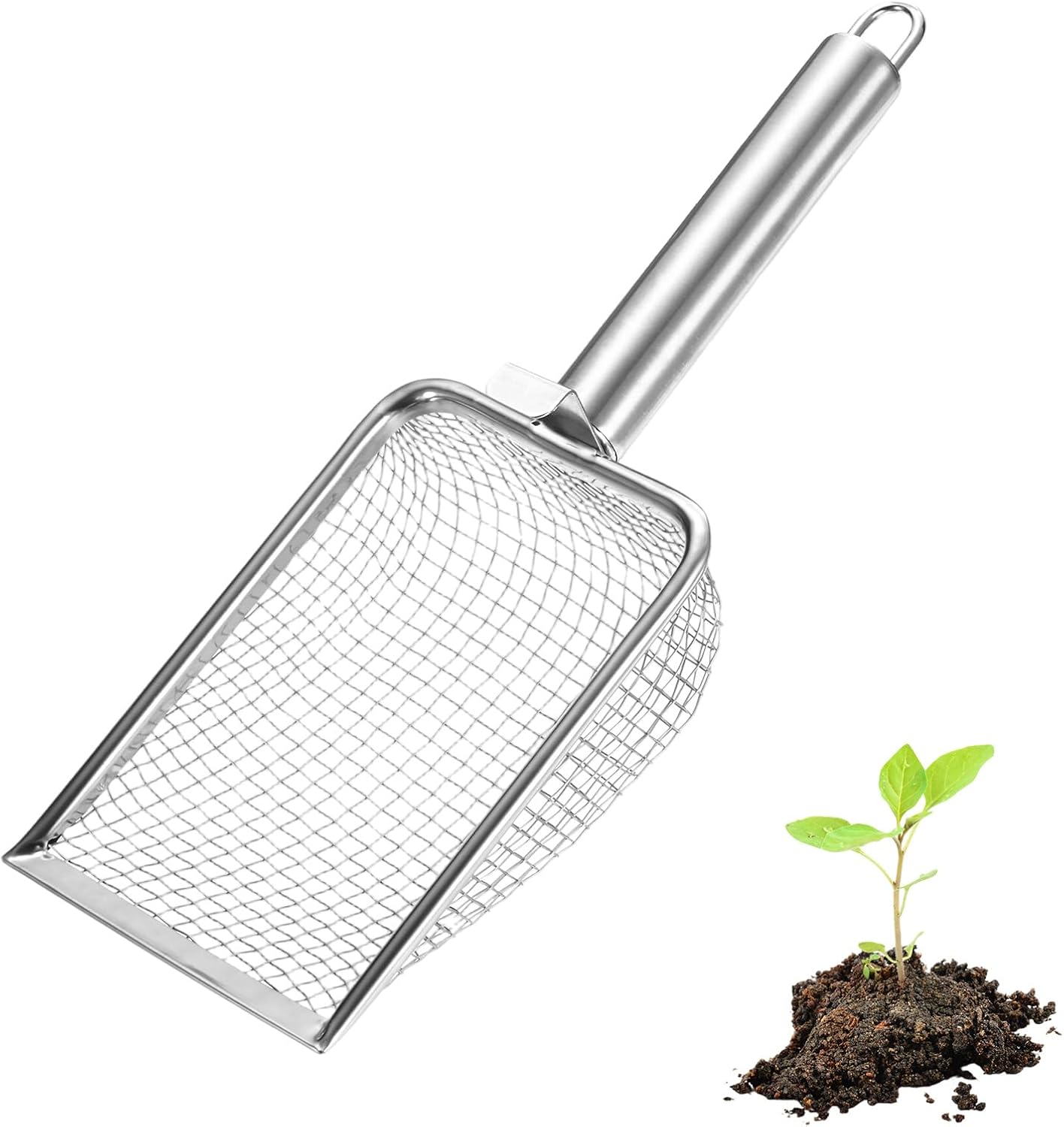 1-Pack Gardening Soil Sifter, 1 mm Mesh Stainless Steel Sand Soil Compost Sieve with Stainless Steel Handle for Sand/Dirt/Rock Compost Silver Tone