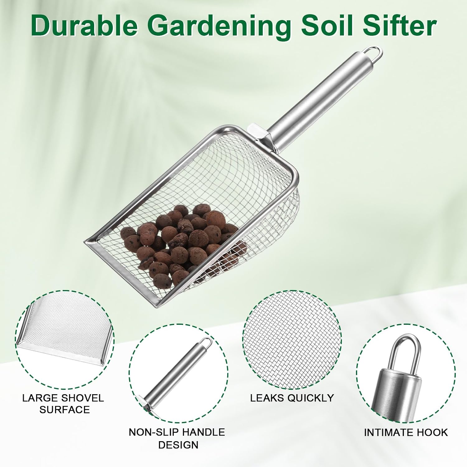 1-Pack Gardening Soil Sifter, 1 mm Mesh Stainless Steel Sand Soil Compost Sieve with Stainless Steel Handle for Sand/Dirt/Rock Compost Silver Tone
