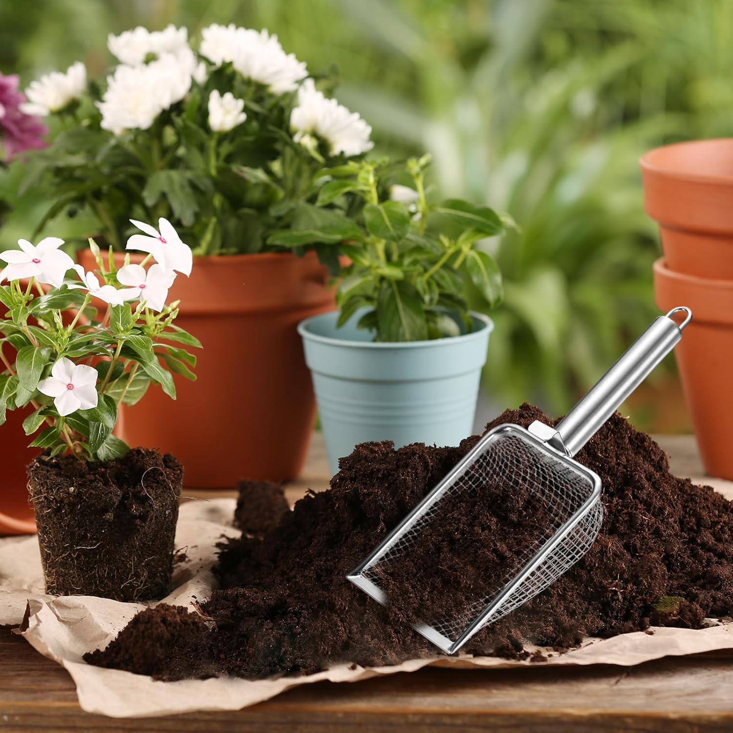1-Pack Gardening Soil Sifter, 1 mm Mesh Stainless Steel Sand Soil Compost Sieve with Stainless Steel Handle for Sand/Dirt/Rock Compost Silver Tone