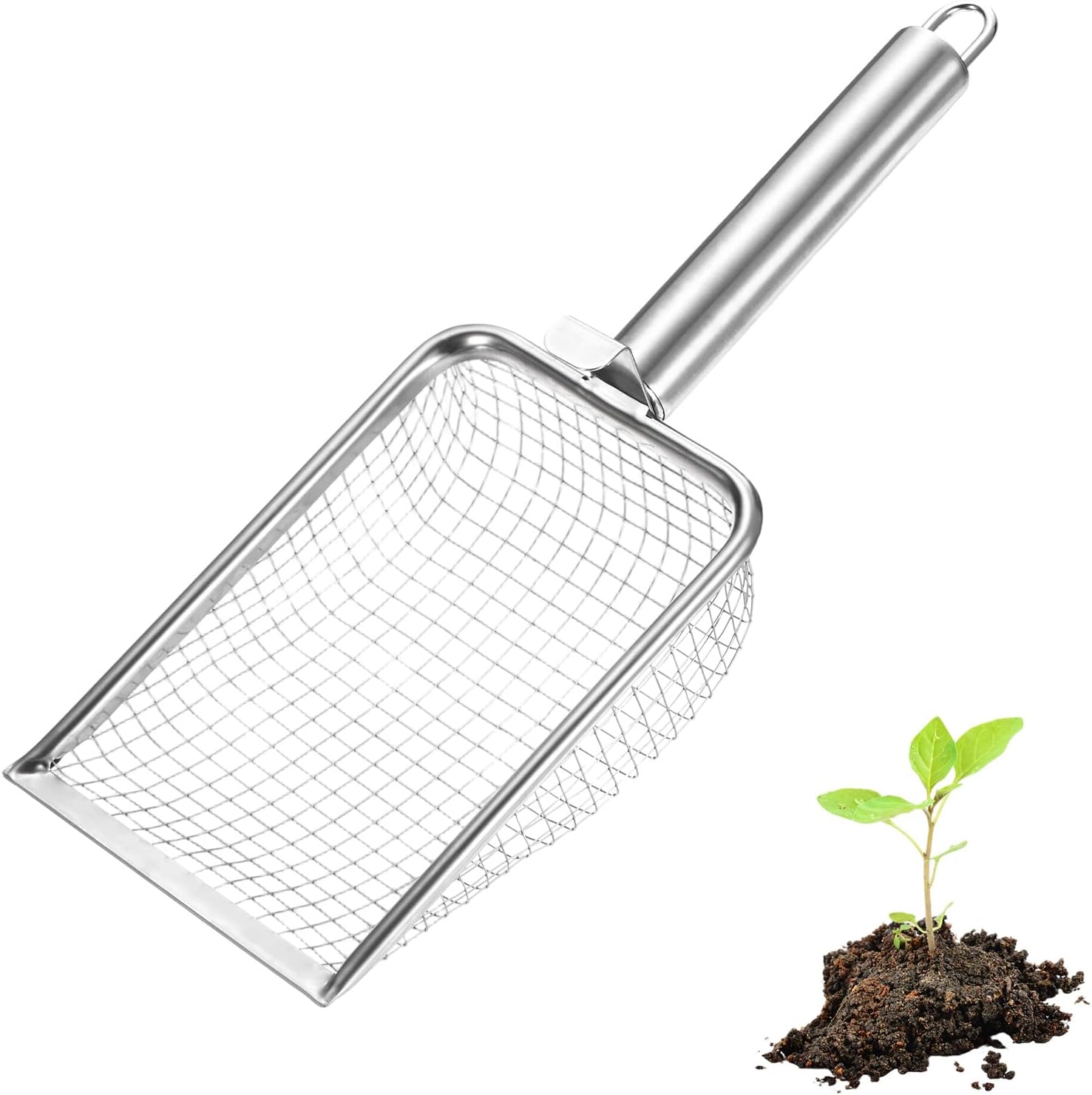1-Pack Gardening Soil Sifter, 1 mm Mesh Stainless Steel Sand Soil Compost Sieve with Stainless Steel Handle for Sand/Dirt/Rock Compost Silver Tone