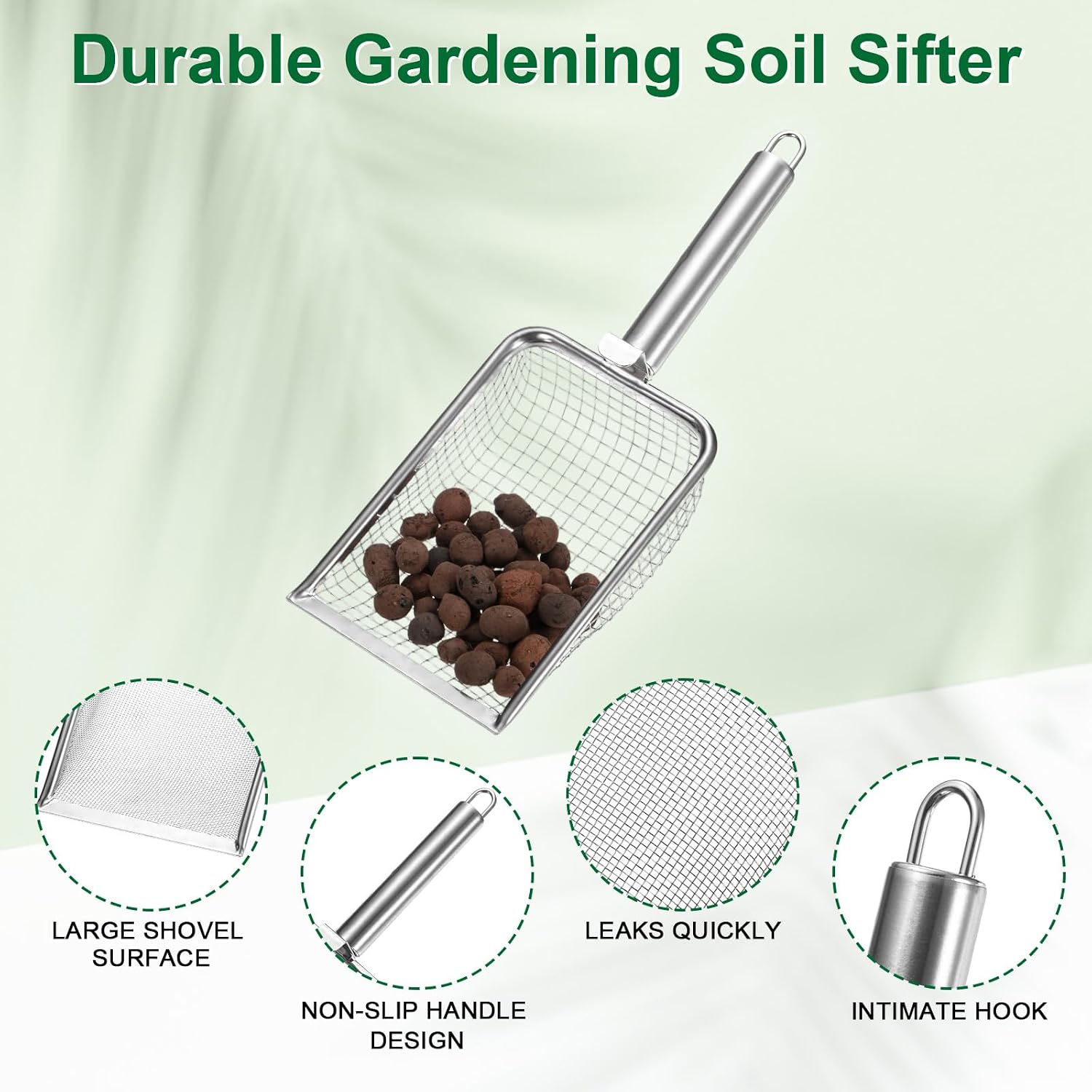 1-Pack Gardening Soil Sifter, 1 mm Mesh Stainless Steel Sand Soil Compost Sieve with Stainless Steel Handle for Sand/Dirt/Rock Compost Silver Tone