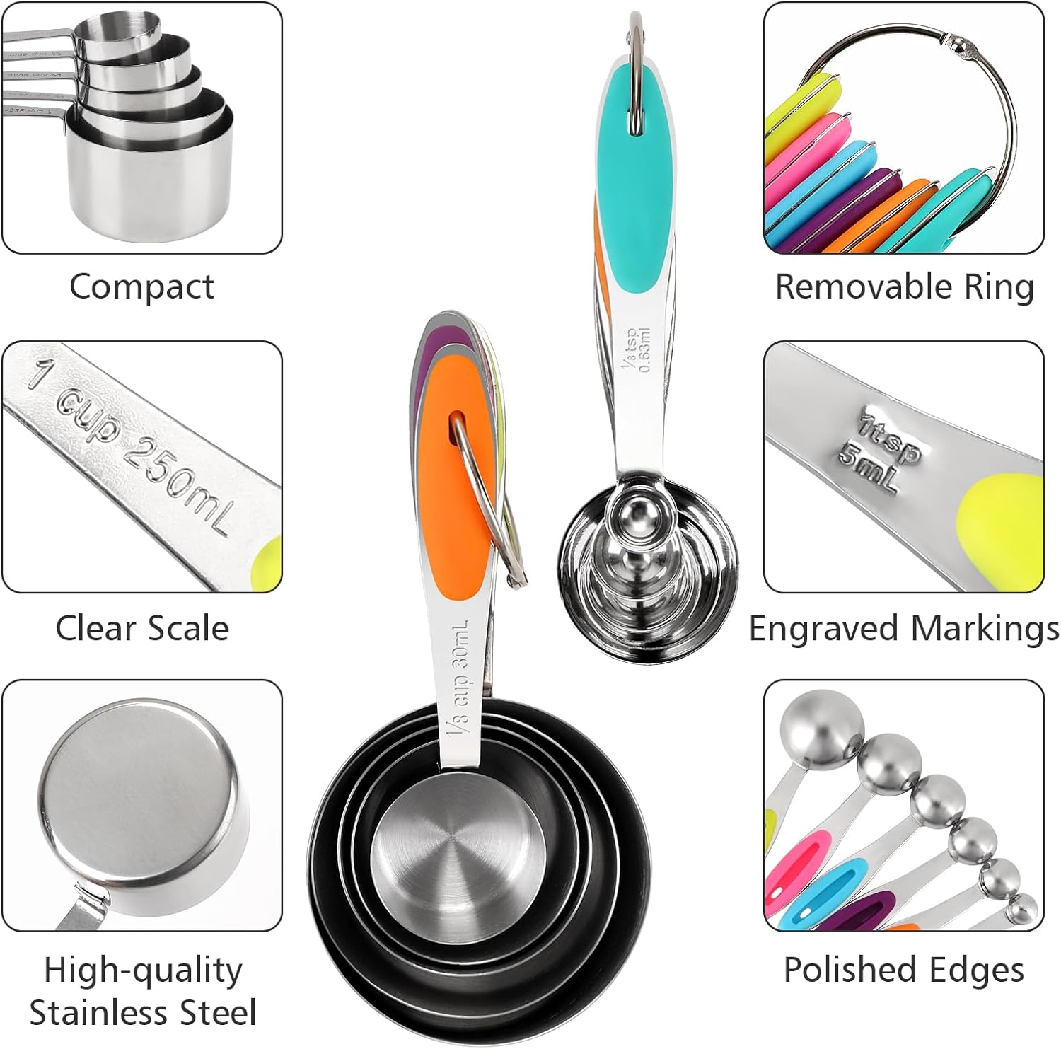 11 Piece Stainless Steel Measuring Spoons Cups Set, Premium Stackable Tablespoons Measuring Set for Gift Dry Liquid Ingredients Cooking Baking