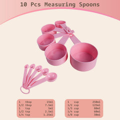 10pcs Measuring Cups and Spoons Set, BPA-Free Plastic Kitchen Baking Tools with Engraved Markings, Stackable Design for Dry & Liquid Ingredients (Pink)