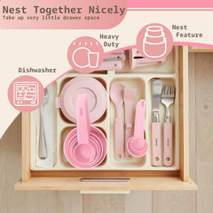10pcs Measuring Cups and Spoons Set, BPA-Free Plastic Kitchen Baking Tools with Engraved Markings, Stackable Design for Dry & Liquid Ingredients (Pink)