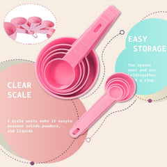 10pcs Measuring Cups and Spoons Set, BPA-Free Plastic Kitchen Baking Tools with Engraved Markings, Stackable Design for Dry & Liquid Ingredients (Pink)