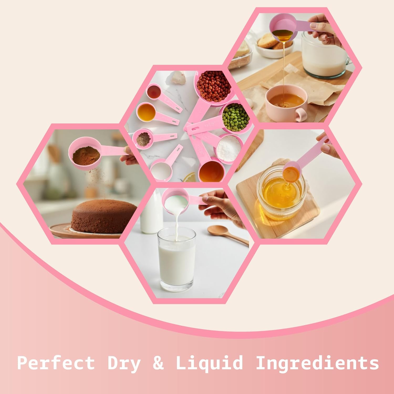 10pcs Measuring Cups and Spoons Set, BPA-Free Plastic Kitchen Baking Tools with Engraved Markings, Stackable Design for Dry & Liquid Ingredients (Pink)