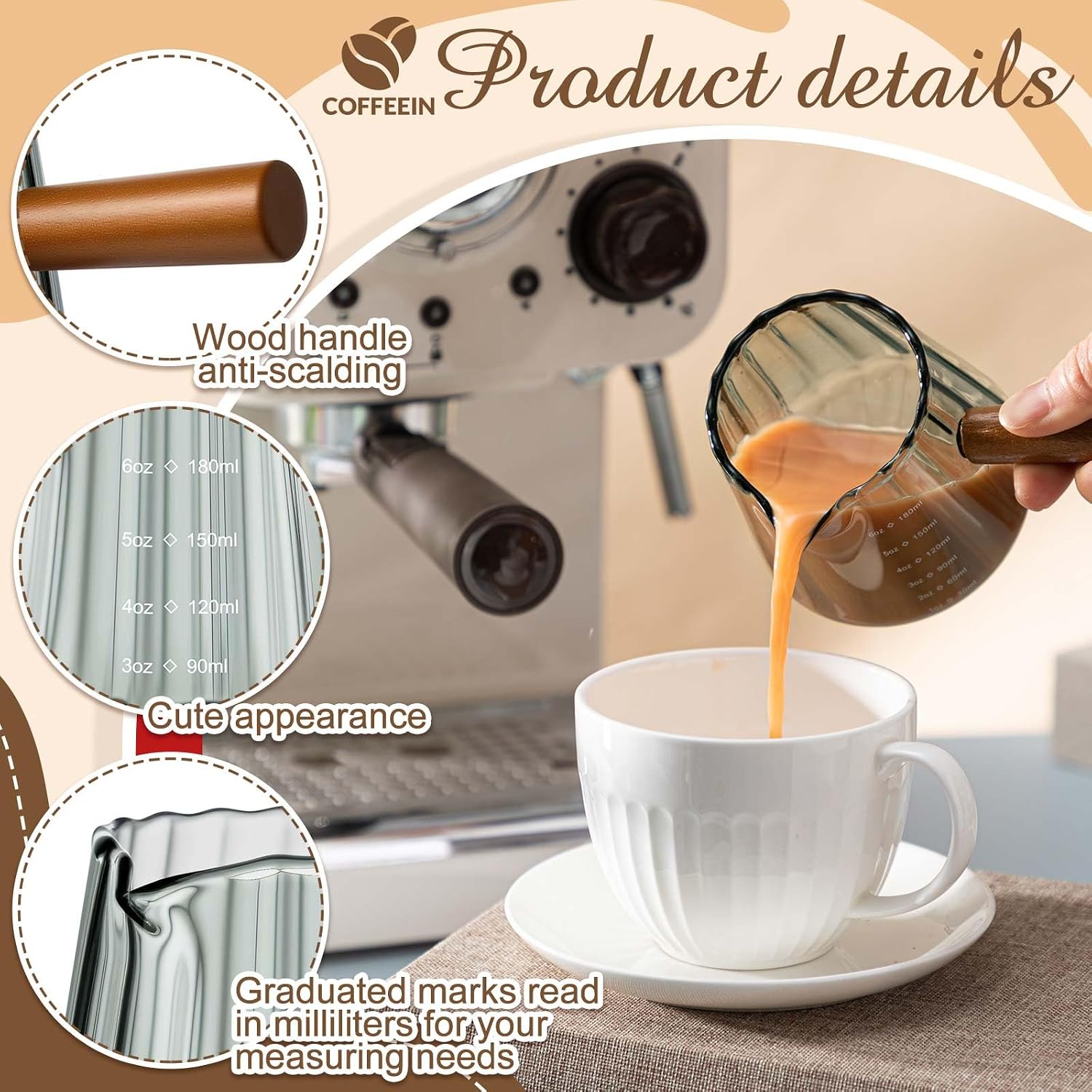 1 Pcs Espresso Shot Glass with Handle, 6 oz/180 ml Espresso Cup with Single V-shaped Mouth, Measuring Cup for Milk Tea Coffee Bar Accessories (Clear)