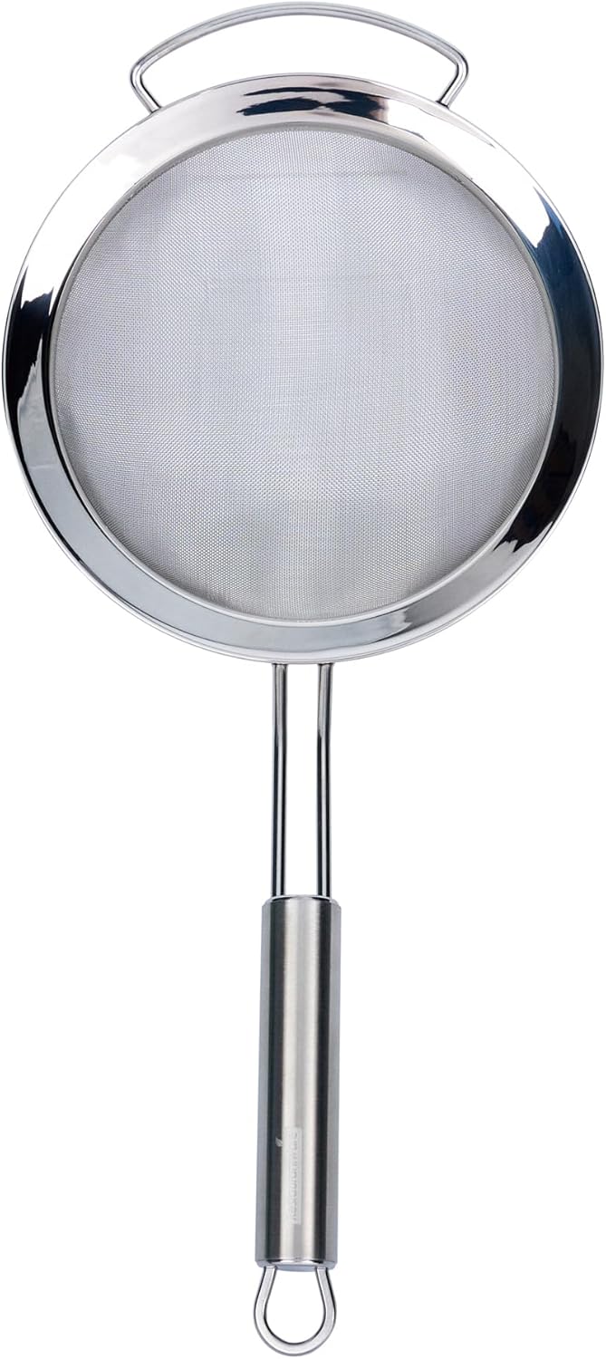 11.5 in Stainless Steel Fine Mesh Strainer - German Standard Sieve Sifter with Ergonomic Handle, Dishwasher Safe - Reinforced Metal Food Strainer for Quinoa, Soup, Sauce, Baking