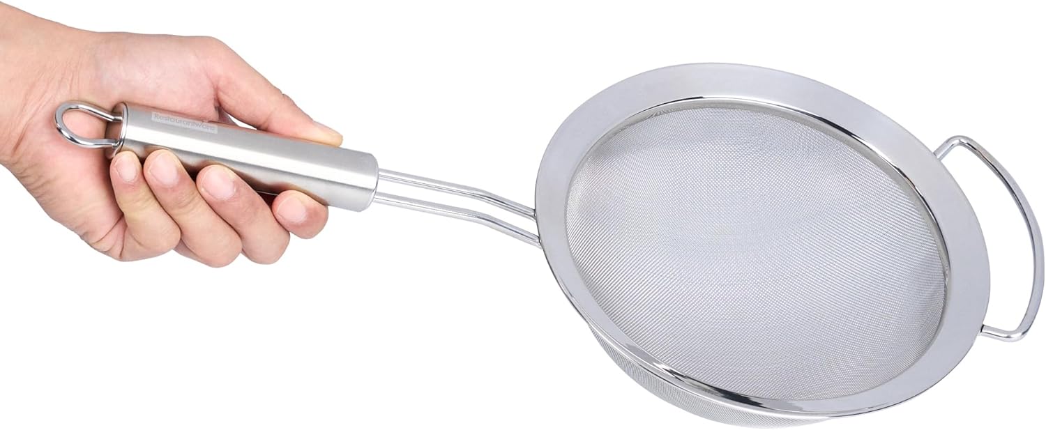 11.5 in Stainless Steel Fine Mesh Strainer - German Standard Sieve Sifter with Ergonomic Handle, Dishwasher Safe - Reinforced Metal Food Strainer for Quinoa, Soup, Sauce, Baking