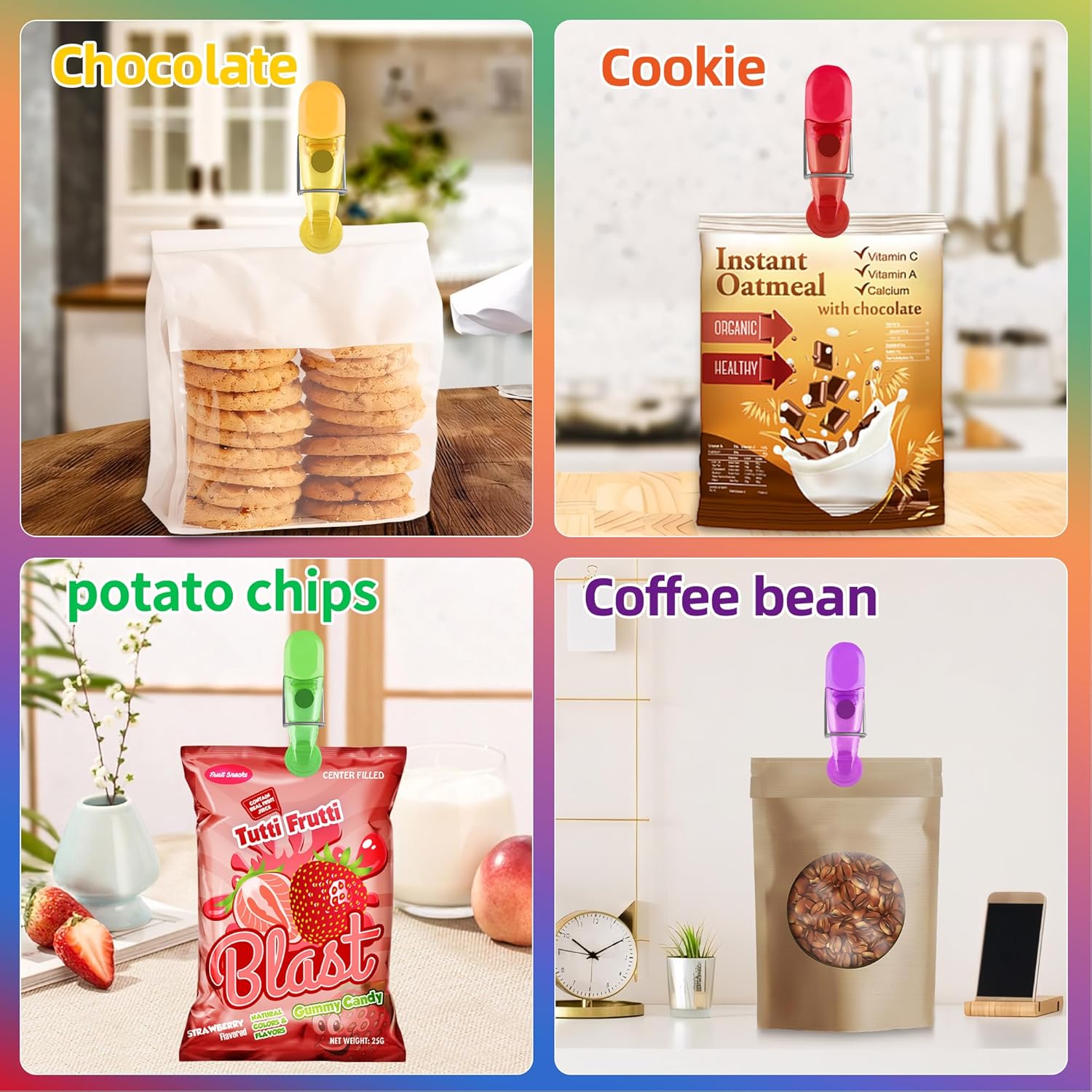 12 Pack Chip Clips Bag Clips, Food Snacks Bag Clip Sealing Bar | Magnetic Bag Clips for Food Storage, Refrigerator Magnet Clips for Kitchen Fridge Office Use, Plastic Cloth Pins