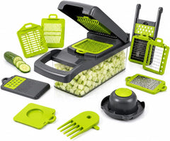 15-in-1 Vegetable Chopper and Mandoline Slicer, Onion Dicer with 8 Interchangeable Stainless Steel Blades, Food Container, Drain Basket, Safety Holder and Cleaning Tool for Fruits and Vegetables