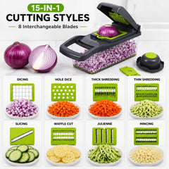 15-in-1 Vegetable Chopper and Mandoline Slicer, Onion Dicer with 8 Interchangeable Stainless Steel Blades, Food Container, Drain Basket, Safety Holder and Cleaning Tool for Fruits and Vegetables